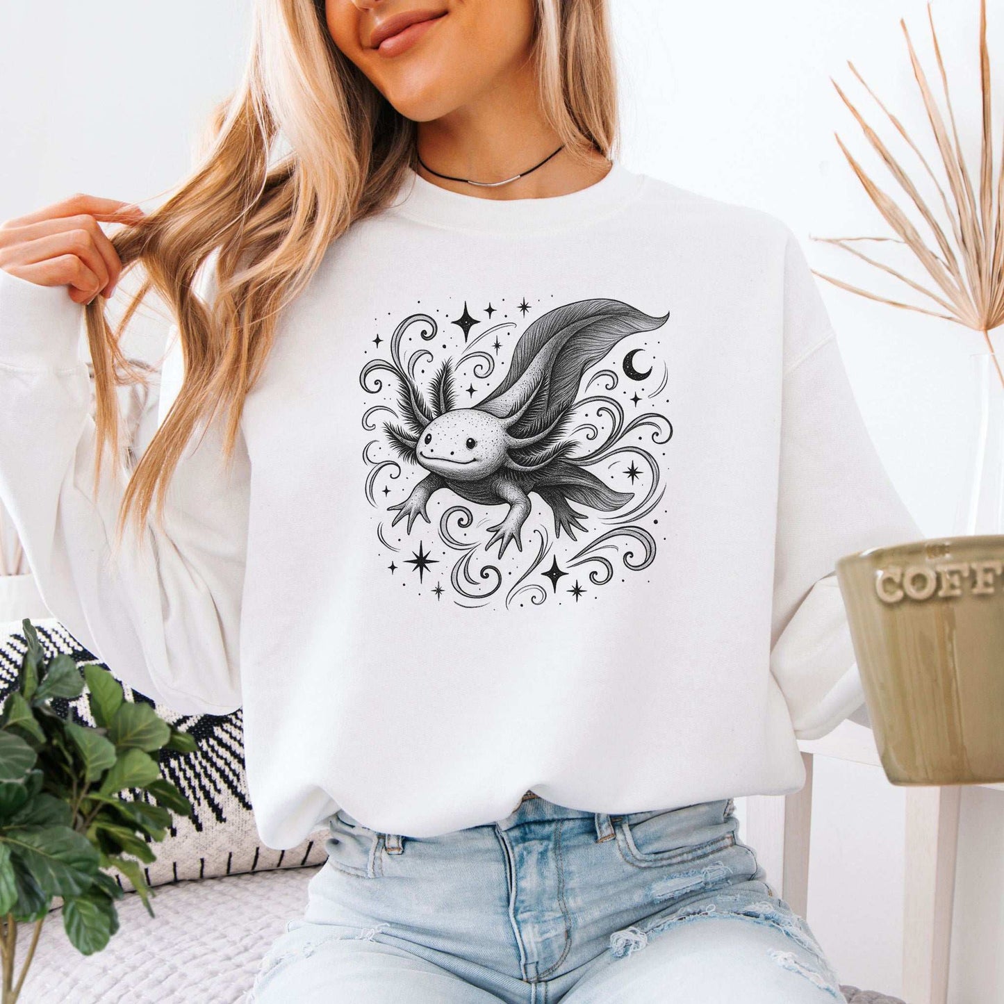Magical Axolotl Moonlight Sweatshirt – Celestial Sea Creature Gift