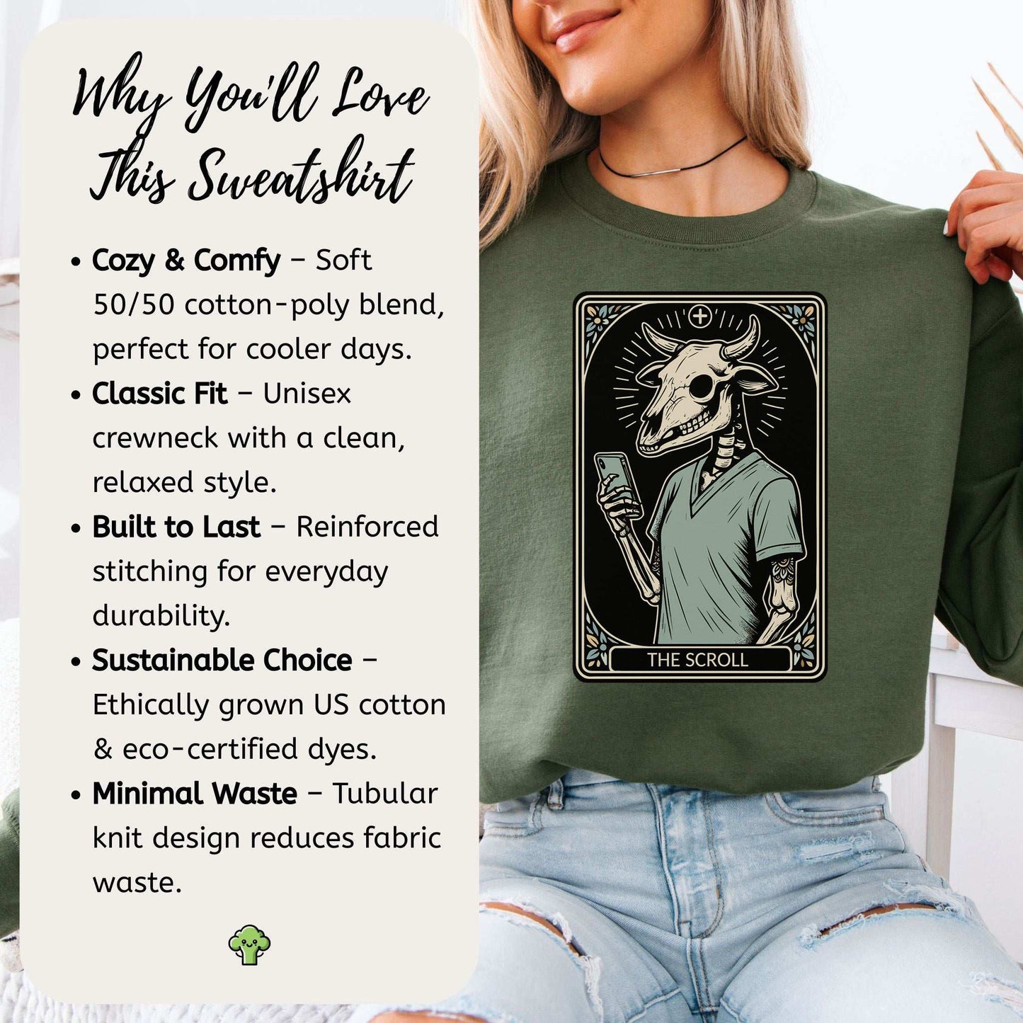 The Scroll Skeleton Halloween Sweatshirt – Tarot Doom for Screen Addicts