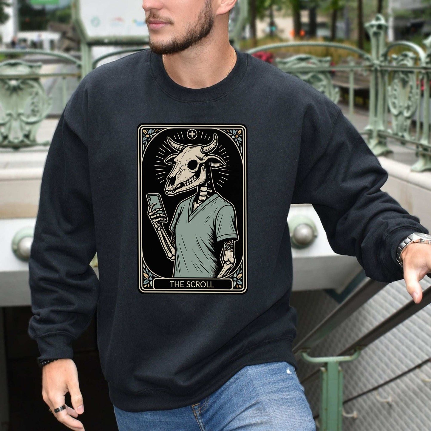 The Scroll Skeleton Halloween Sweatshirt – Tarot Doom for Screen Addicts