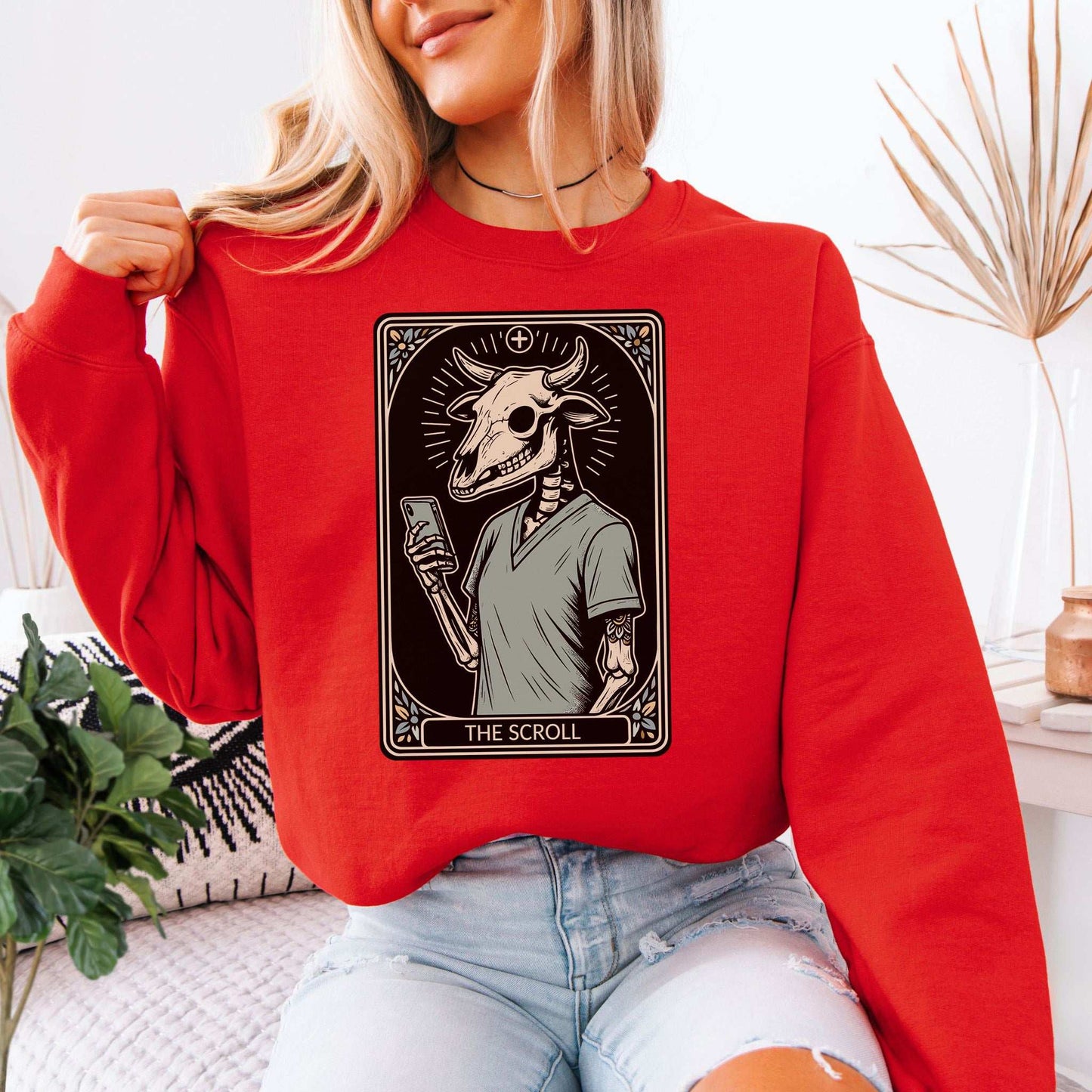 The Scroll Skeleton Halloween Sweatshirt – Tarot Doom for Screen Addicts