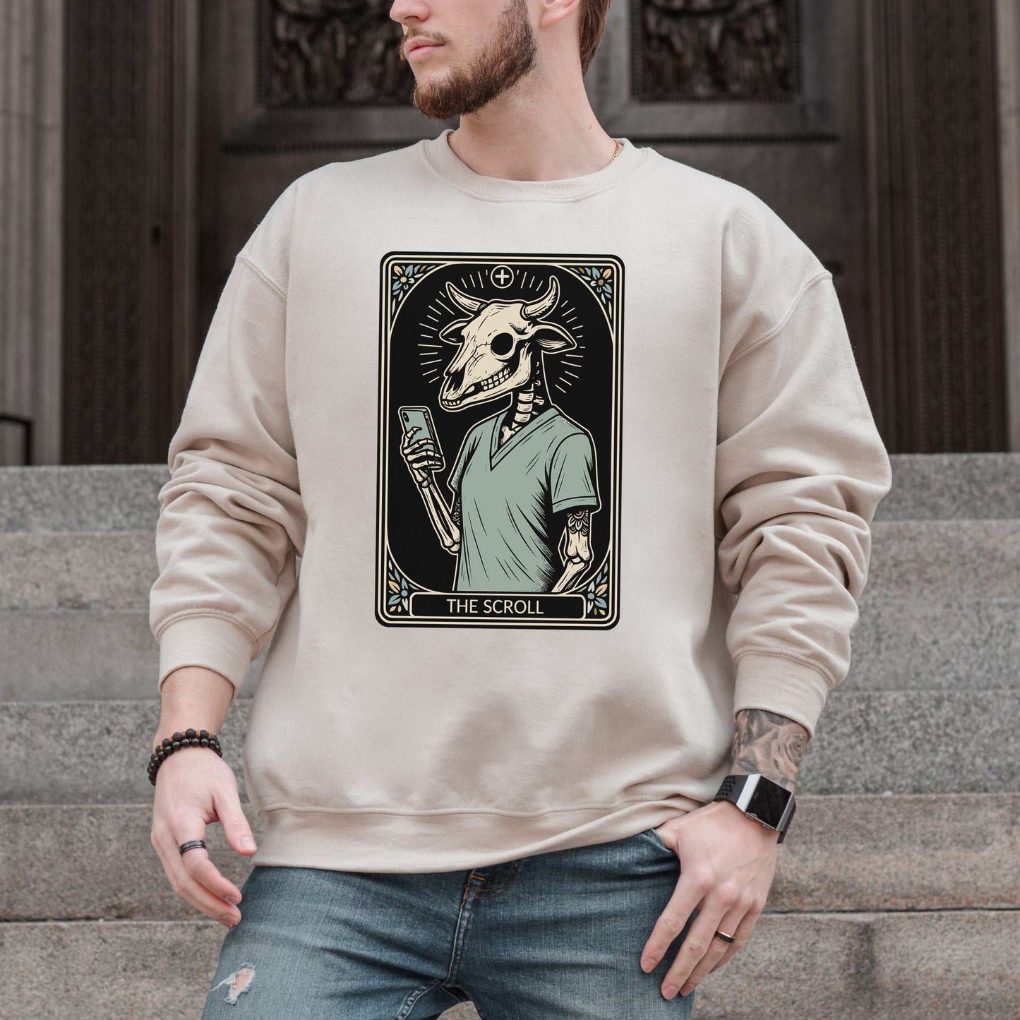 The Scroll Skeleton Halloween Sweatshirt – Tarot Doom for Screen Addicts