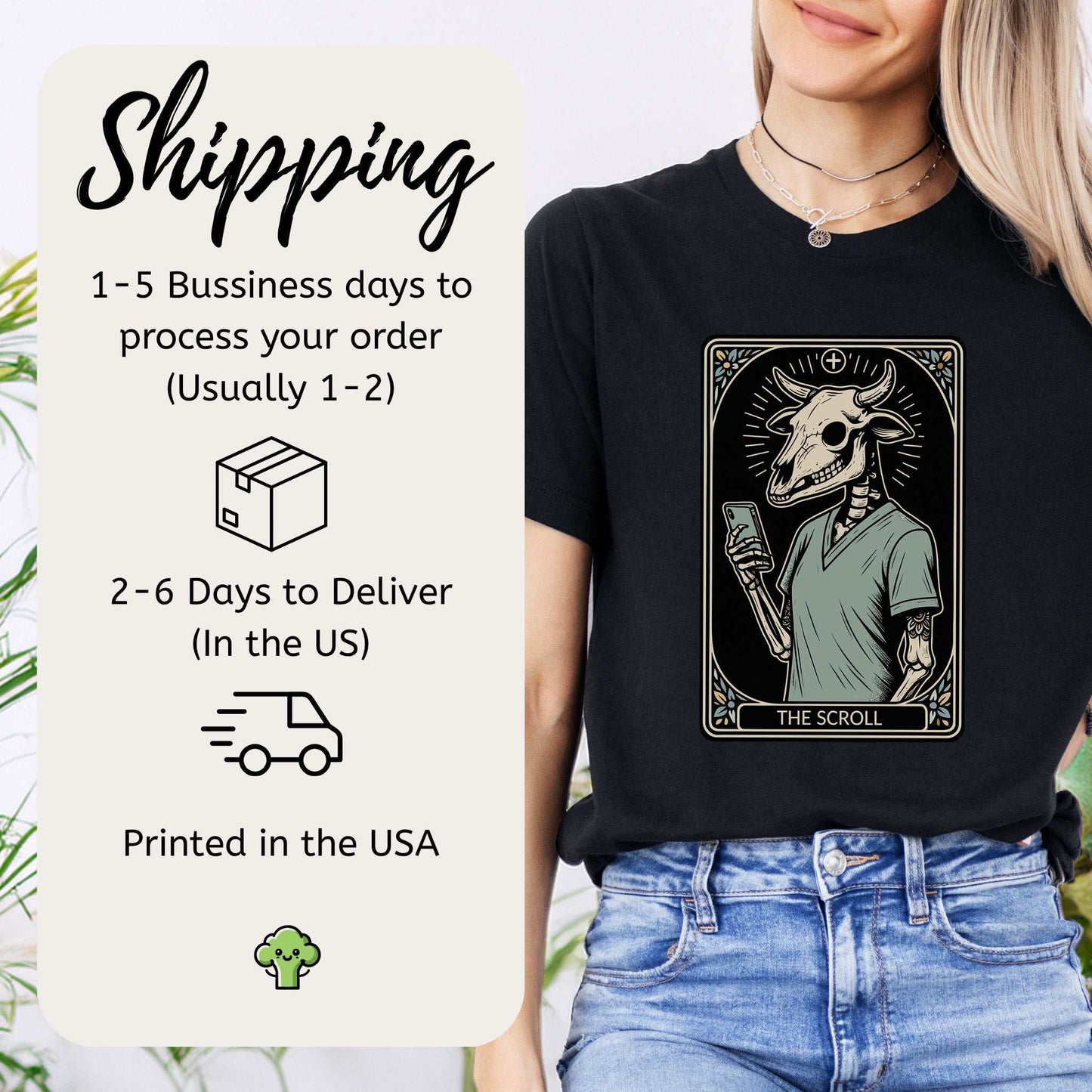 Model wearing The Scroll Skeleton T-shirt with bull skull tarot card design, showcasing shipping details.