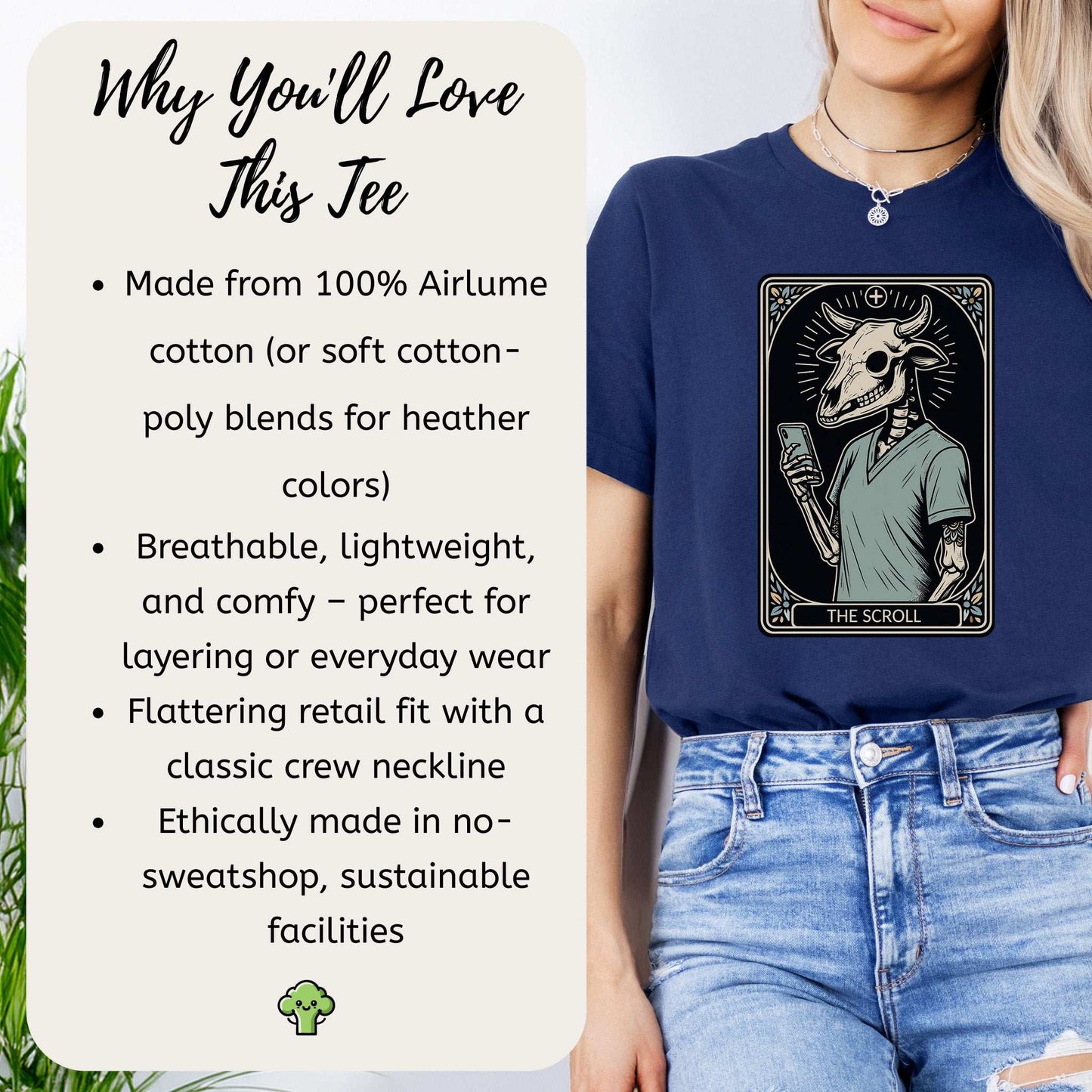 The Scroll Skeleton T-shirt featuring a bull skull tarot card design, perfect for tech lovers and goth enthusiasts.