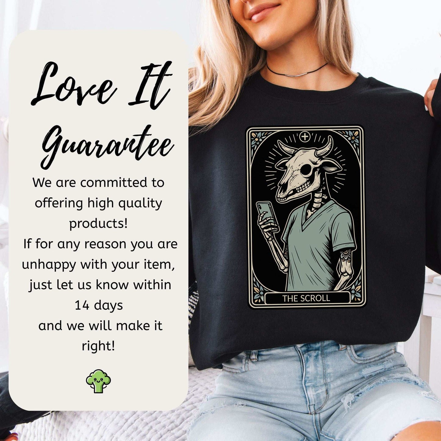 The Scroll Skeleton Halloween Sweatshirt – Tarot Doom for Screen Addicts