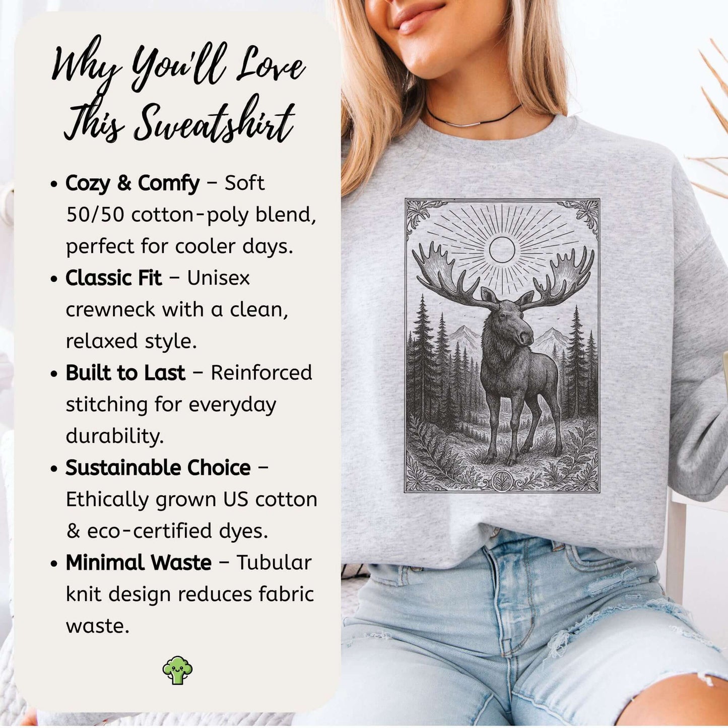 Mystic Moose Crewneck sweatshirt showcasing a majestic moose design, perfect for nature lovers and retro art enthusiasts.