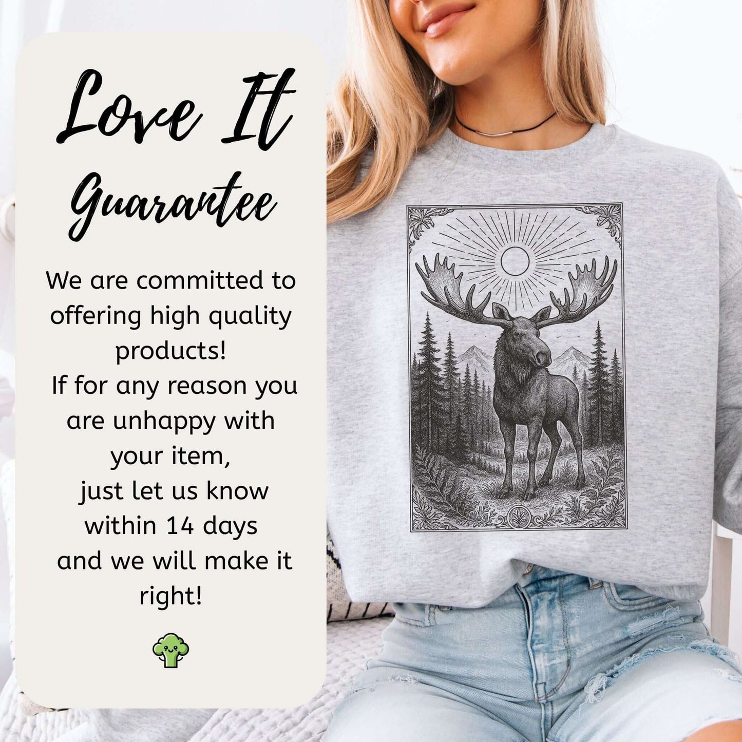 Woman wearing a Mystic Moose Crewneck sweatshirt with ‘90s wilderness art and a moose design surrounded by trees.