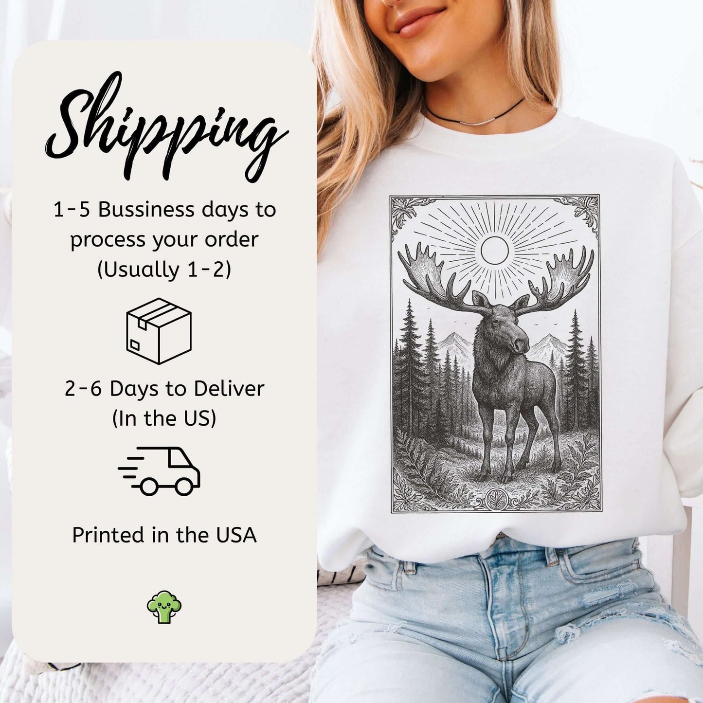 Woman wearing Mystic Moose Crewneck featuring a detailed bull moose design, highlighting forest and wildlife themes.