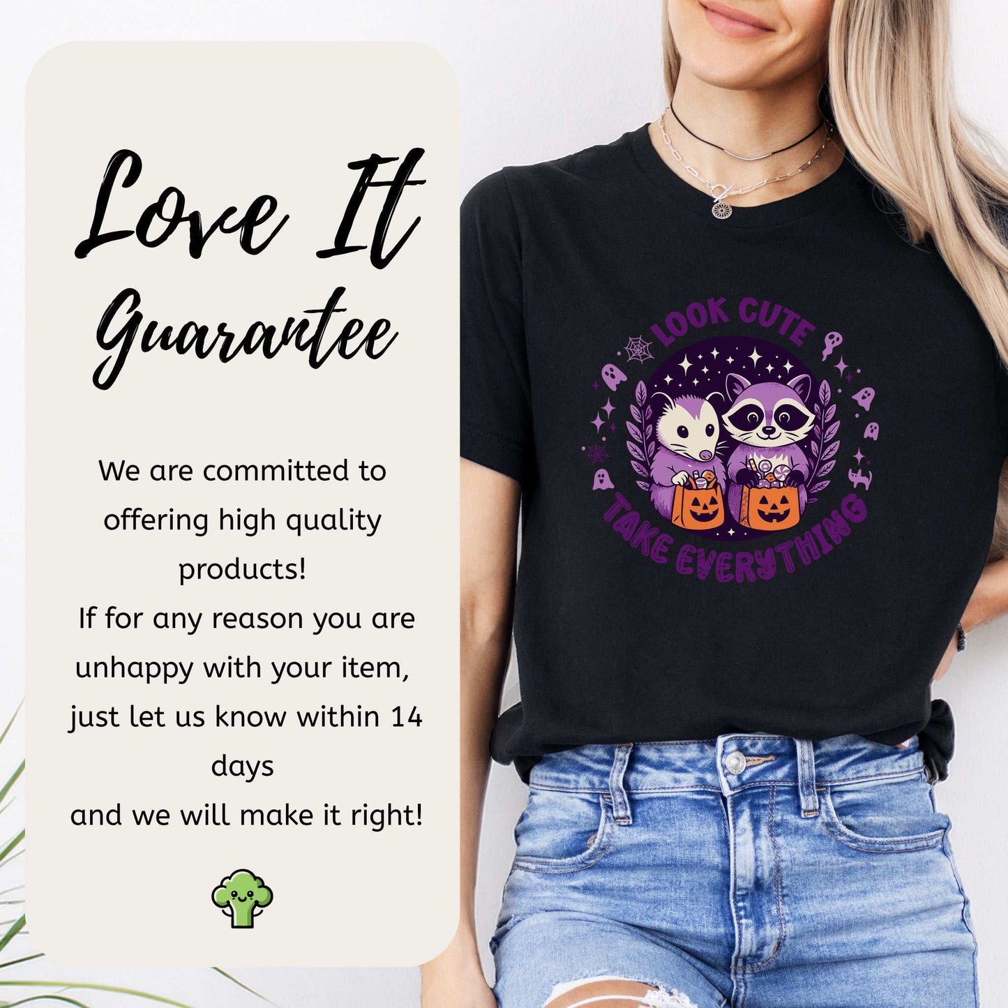 Opossum & Raccoon Halloween T-shirt featuring cute designs, perfect for Halloween mischief and snack theft.