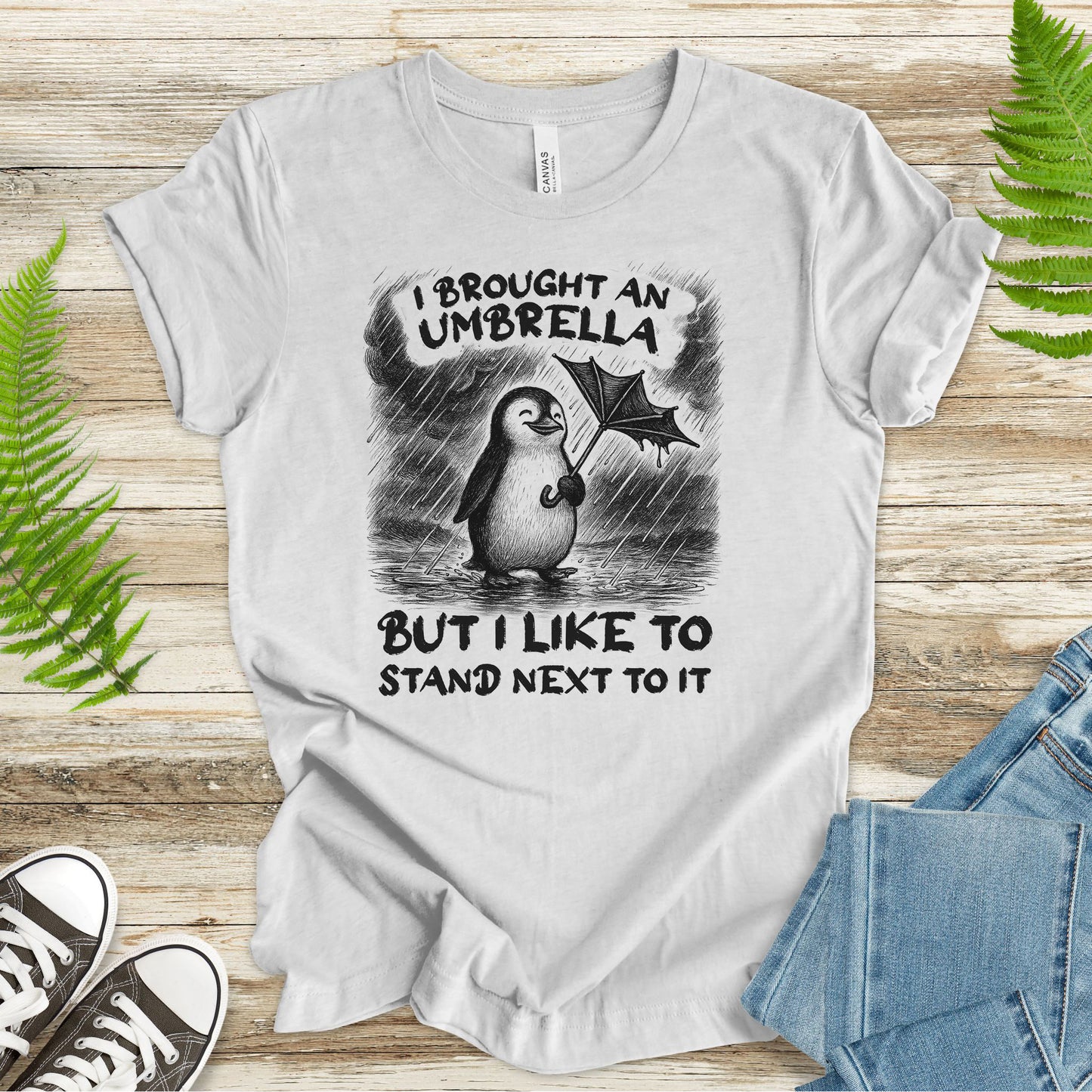 Penguin with Useless Umbrella T-Shirt – Funny Rainy Day Animal Tee