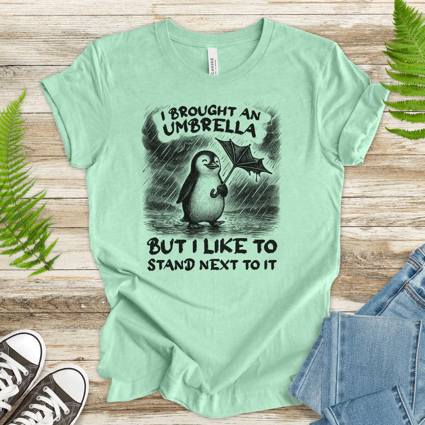 Penguin with Useless Umbrella T-Shirt – Funny Rainy Day Animal Tee