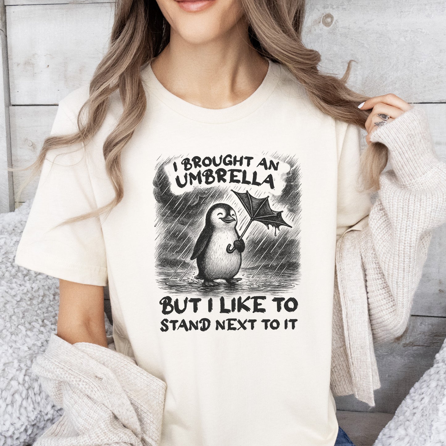 Penguin with Useless Umbrella T-Shirt – Funny Rainy Day Animal Tee