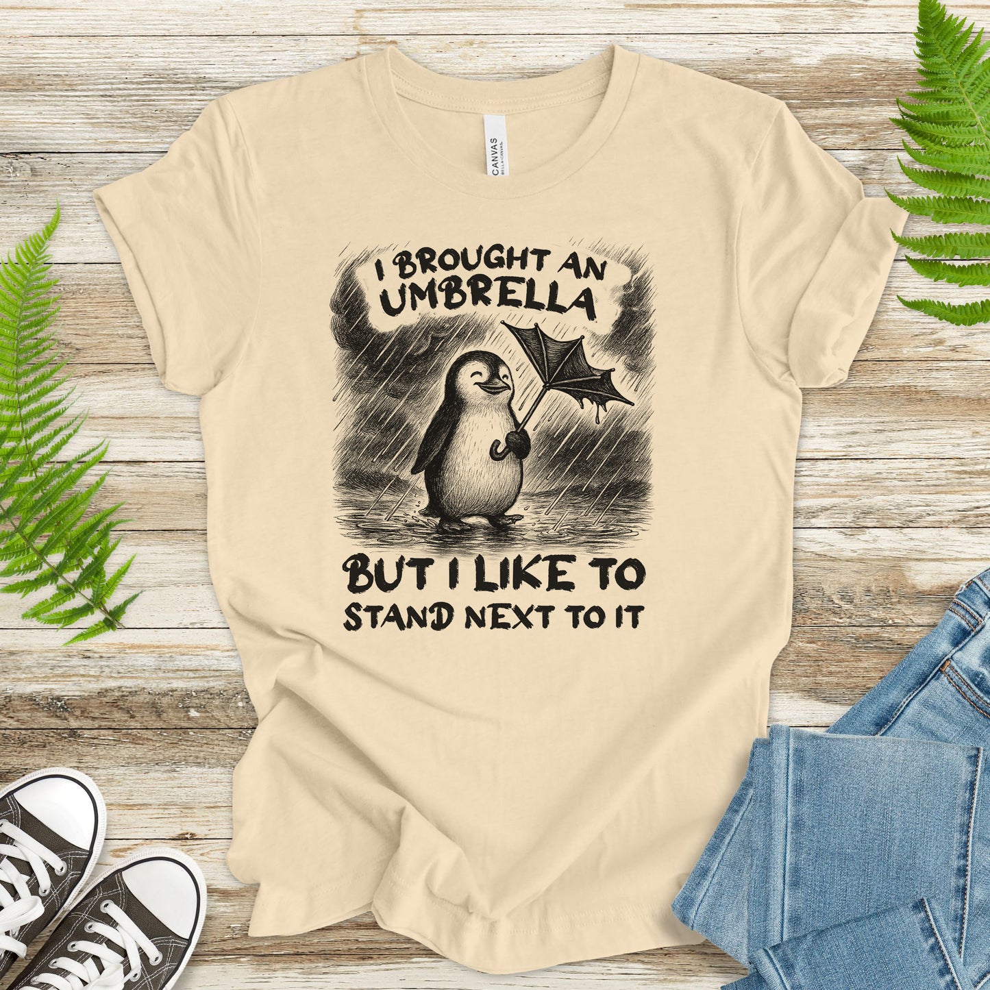 Penguin with Useless Umbrella T-Shirt – Funny Rainy Day Animal Tee