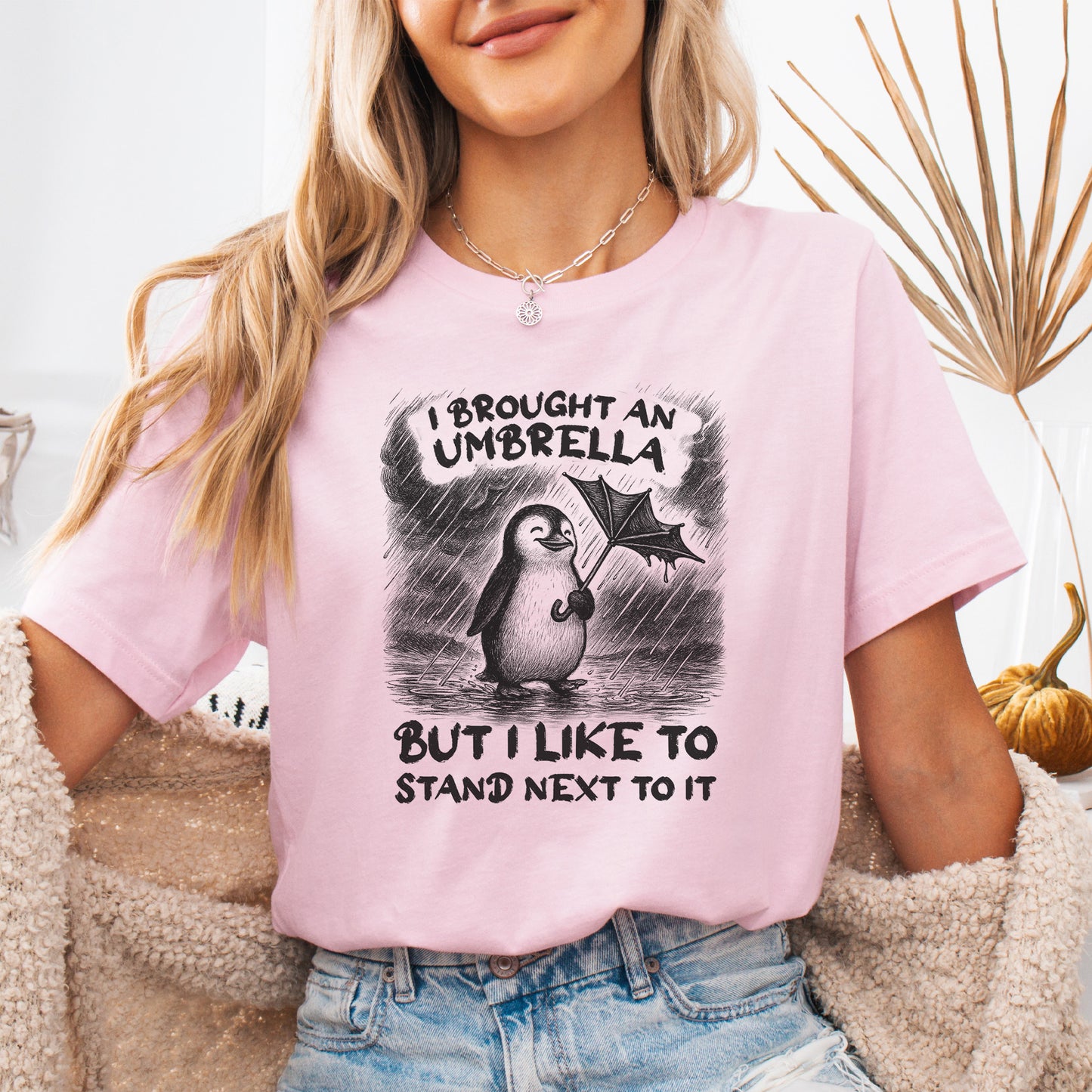 Penguin with Useless Umbrella T-Shirt – Funny Rainy Day Animal Tee
