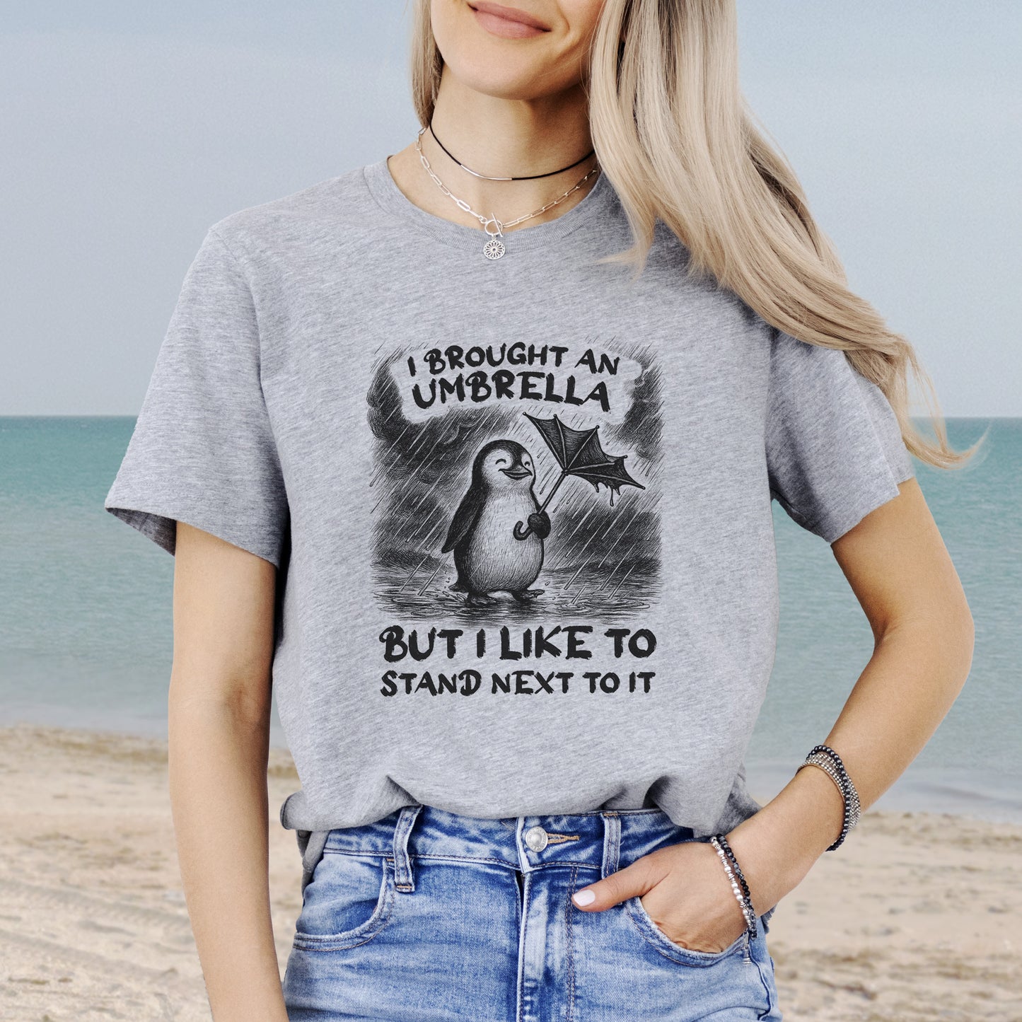 Penguin with Useless Umbrella T-Shirt – Funny Rainy Day Animal Tee