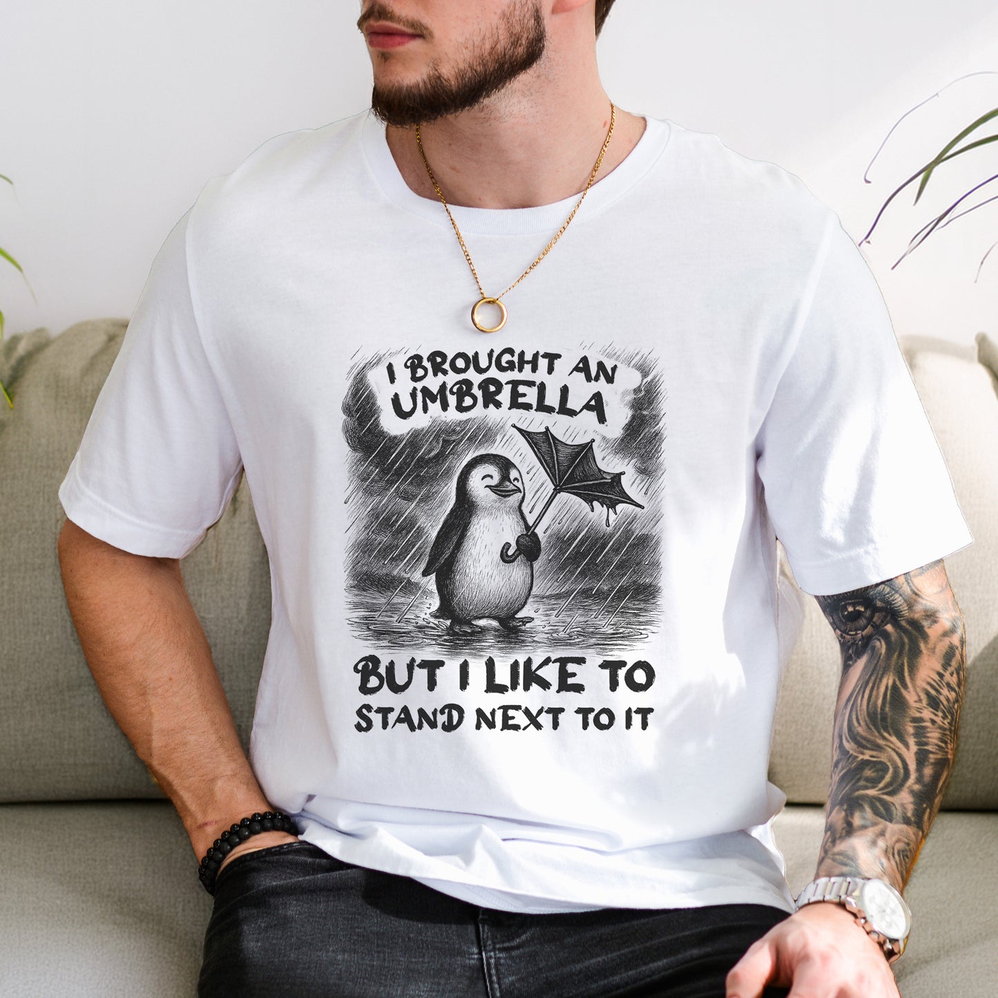 Penguin with Useless Umbrella T-Shirt – Funny Rainy Day Animal Tee