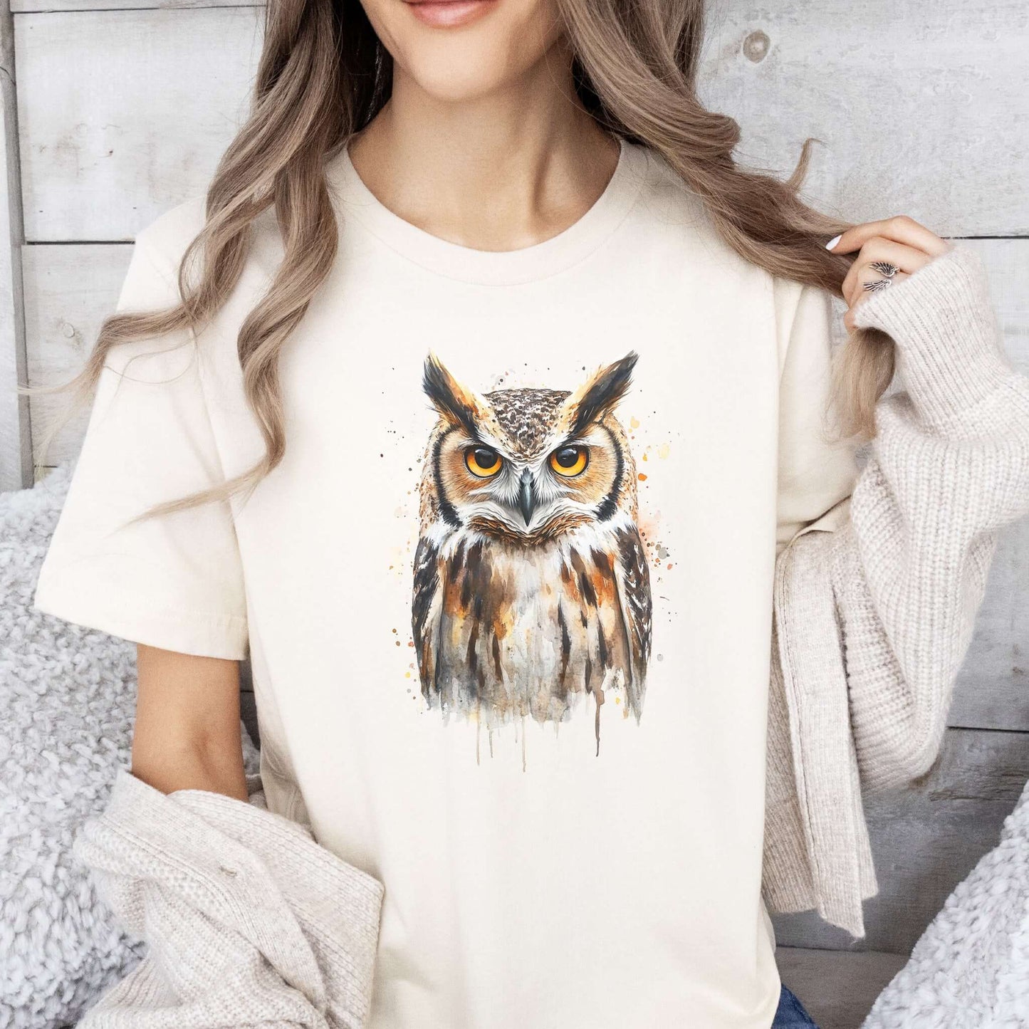 Watercolor Owl Portrait T-Shirt – Realistic Bird Art Tee for Owl Lovers