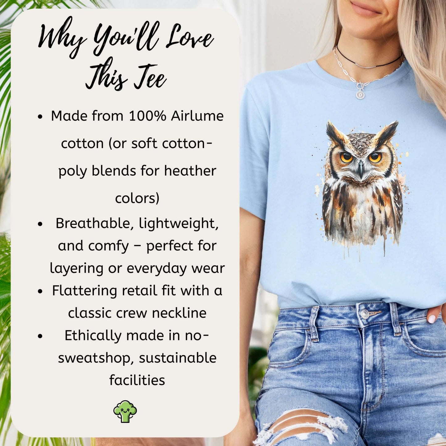 Watercolor Owl Portrait T-Shirt – Realistic Bird Art Tee for Owl Lovers