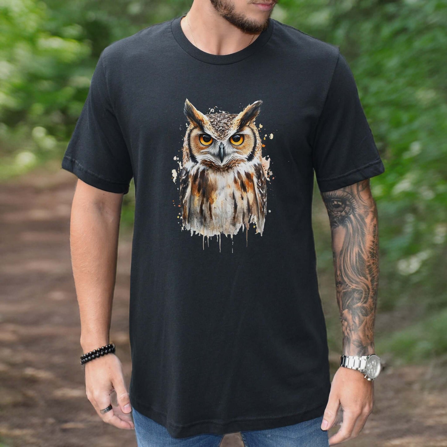 Watercolor Owl Portrait T-Shirt – Realistic Bird Art Tee for Owl Lovers