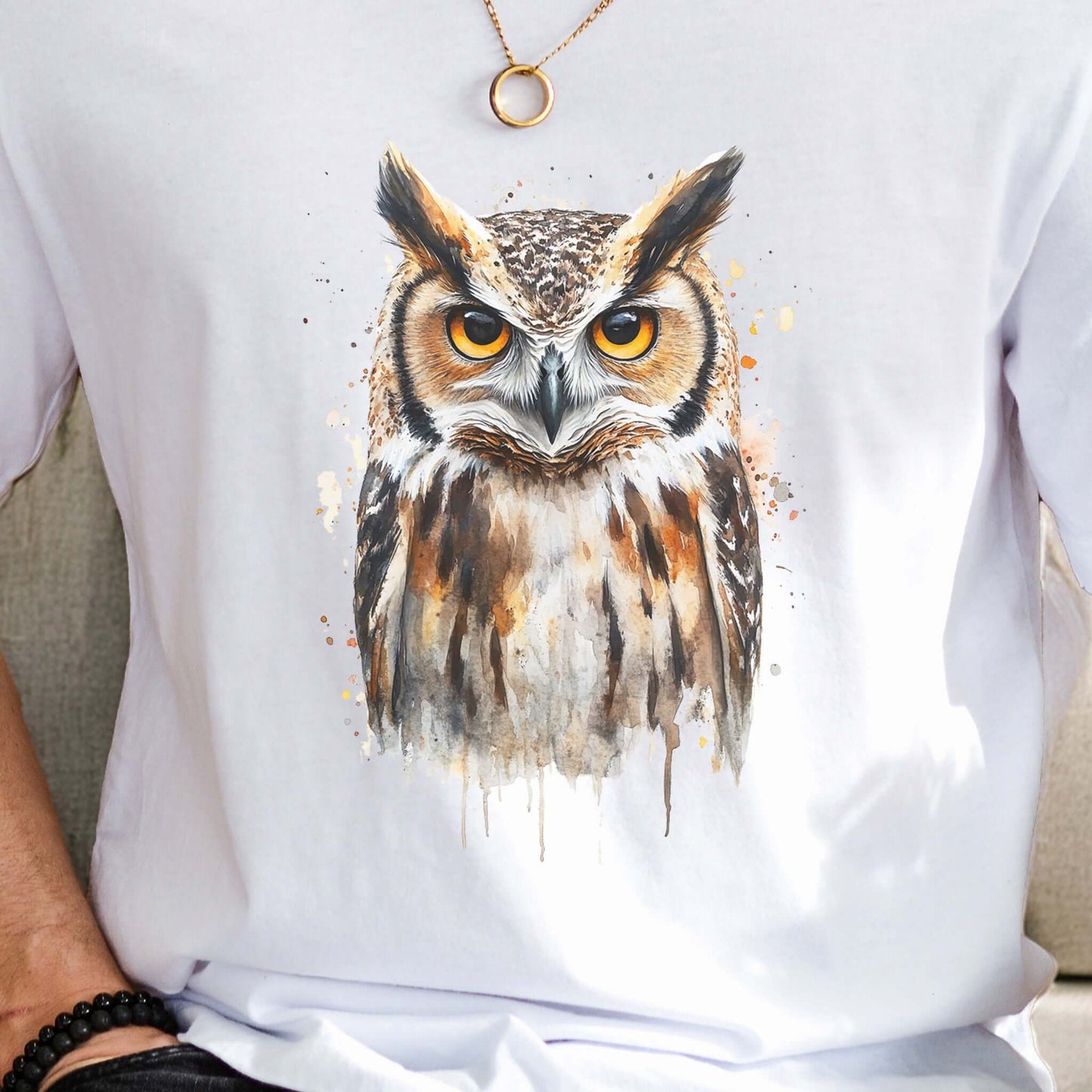 Watercolor Owl Portrait T-Shirt – Realistic Bird Art Tee for Owl Lovers