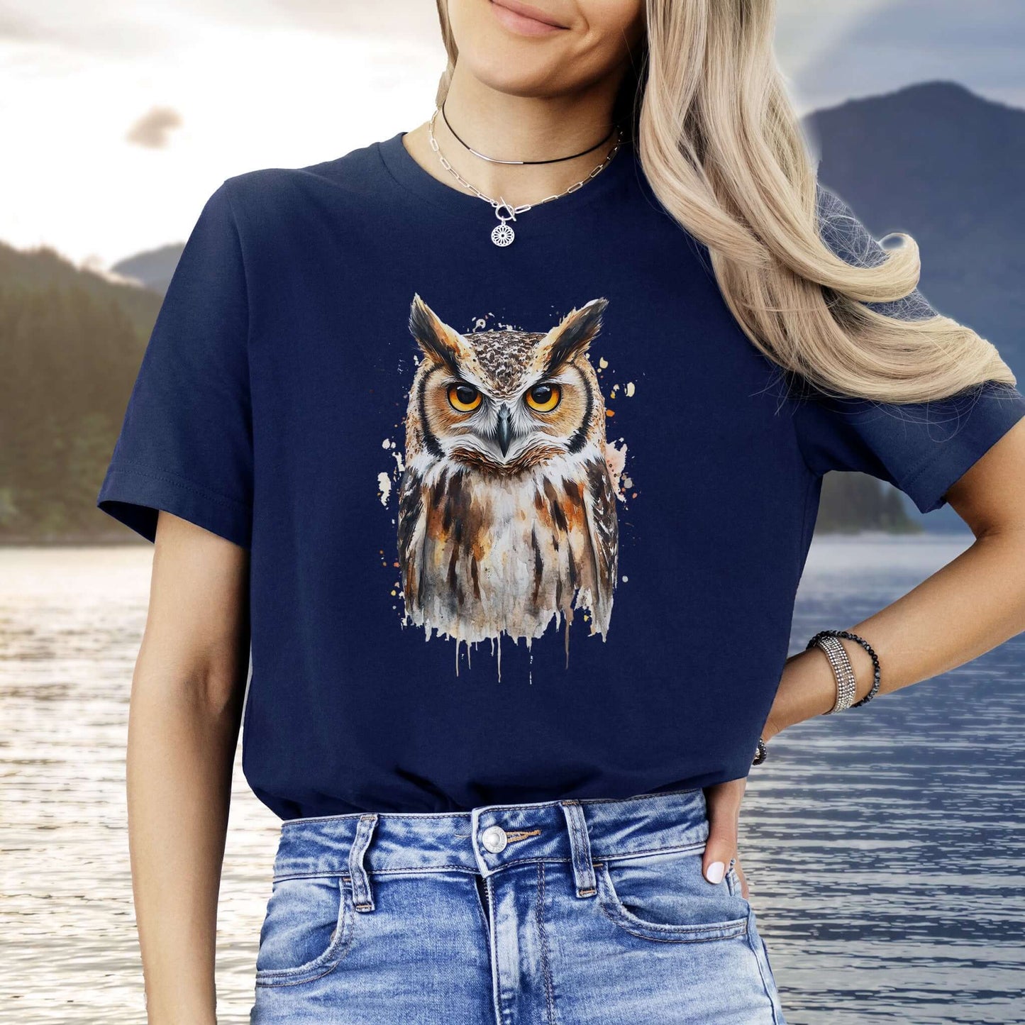 Watercolor Owl Portrait T-Shirt – Realistic Bird Art Tee for Owl Lovers