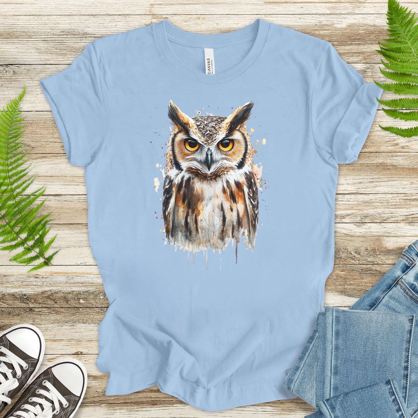 Watercolor Owl Portrait T-Shirt – Realistic Bird Art Tee for Owl Lovers
