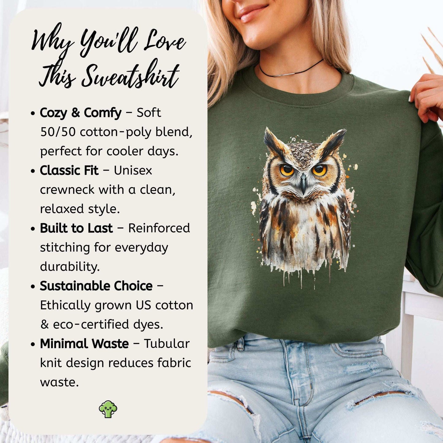 Watercolor Owl Portrait Sweatshirt – Realistic Bird Art for Owl Lovers