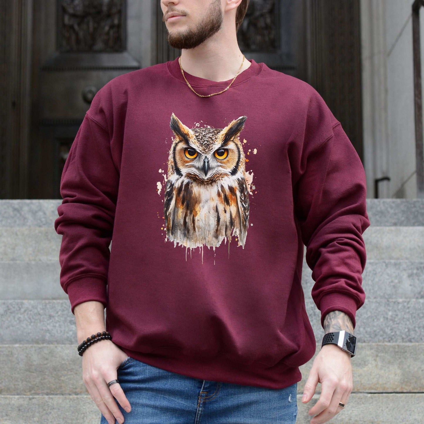 Watercolor Owl Portrait Sweatshirt – Realistic Bird Art for Owl Lovers