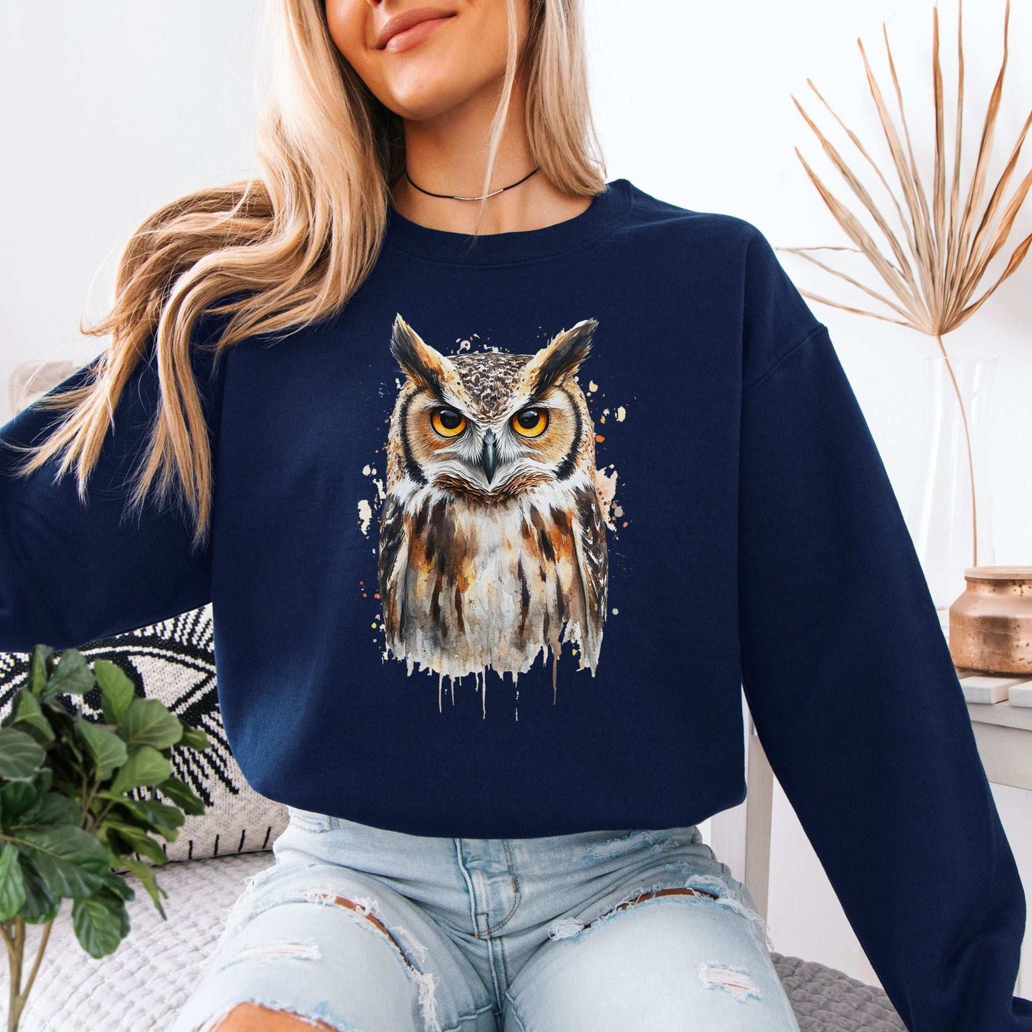 Watercolor Owl Portrait Sweatshirt – Realistic Bird Art for Owl Lovers