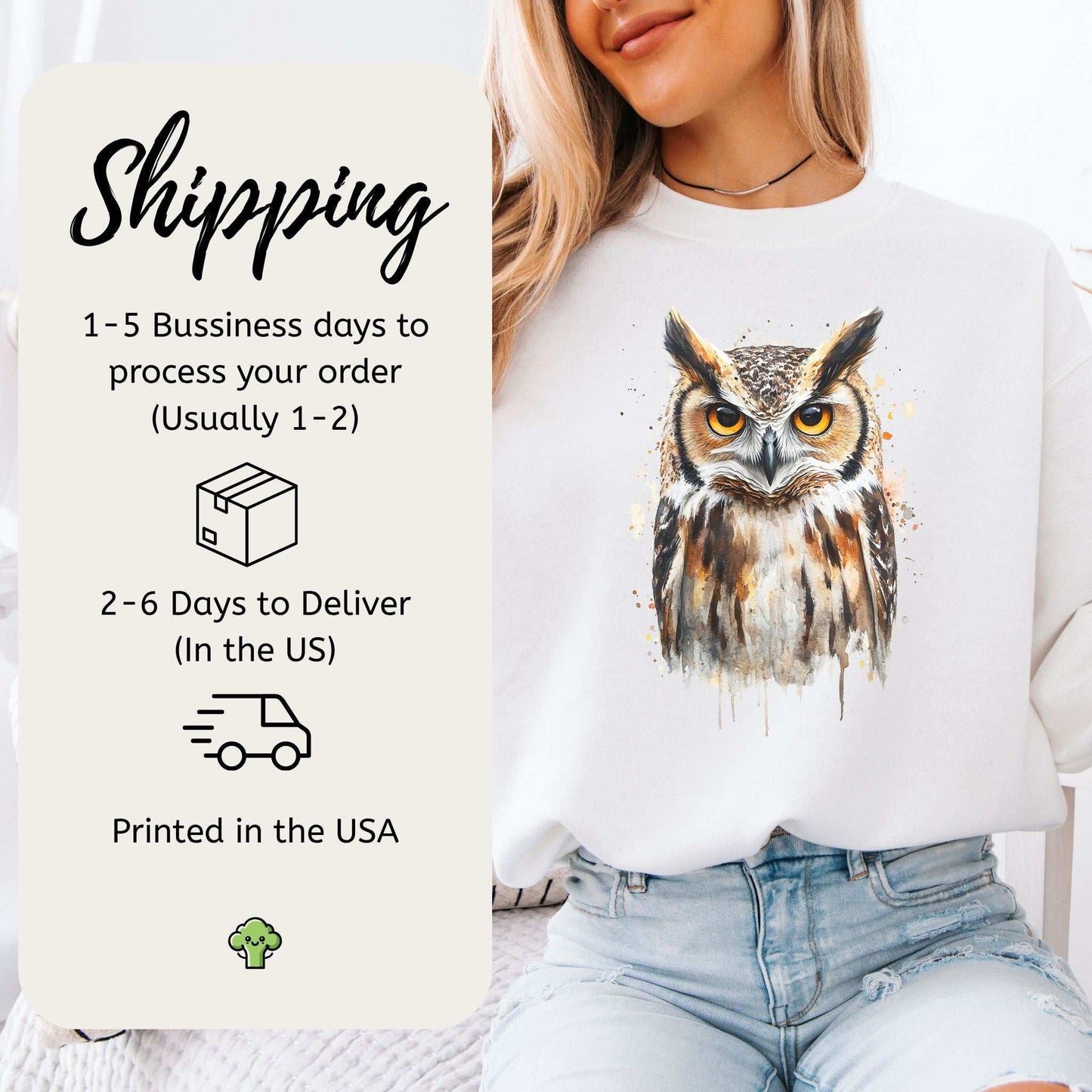 Watercolor Owl Portrait Sweatshirt – Realistic Bird Art for Owl Lovers