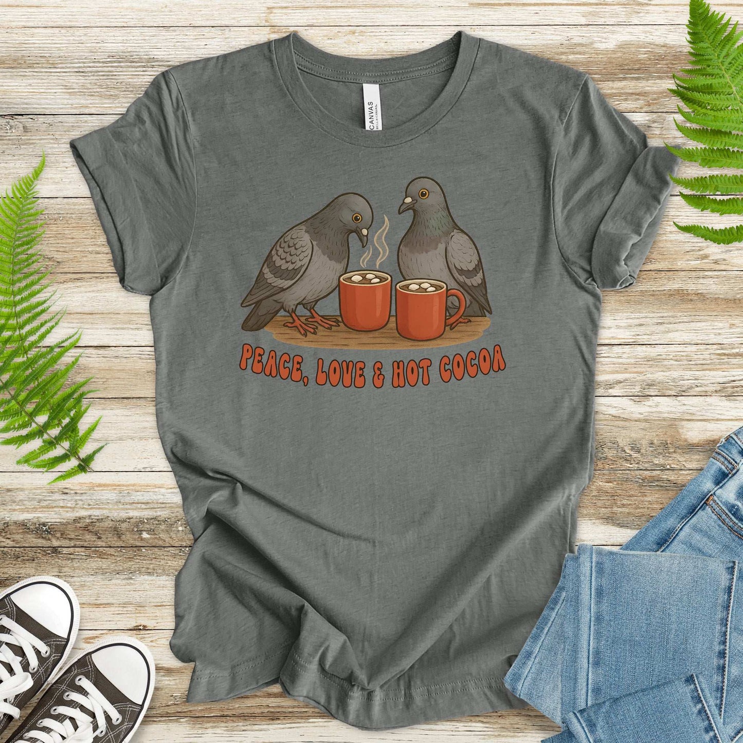 Peace, Love & Hot Cocoa T-Shirt – Cozy Pigeon Christmas Tee