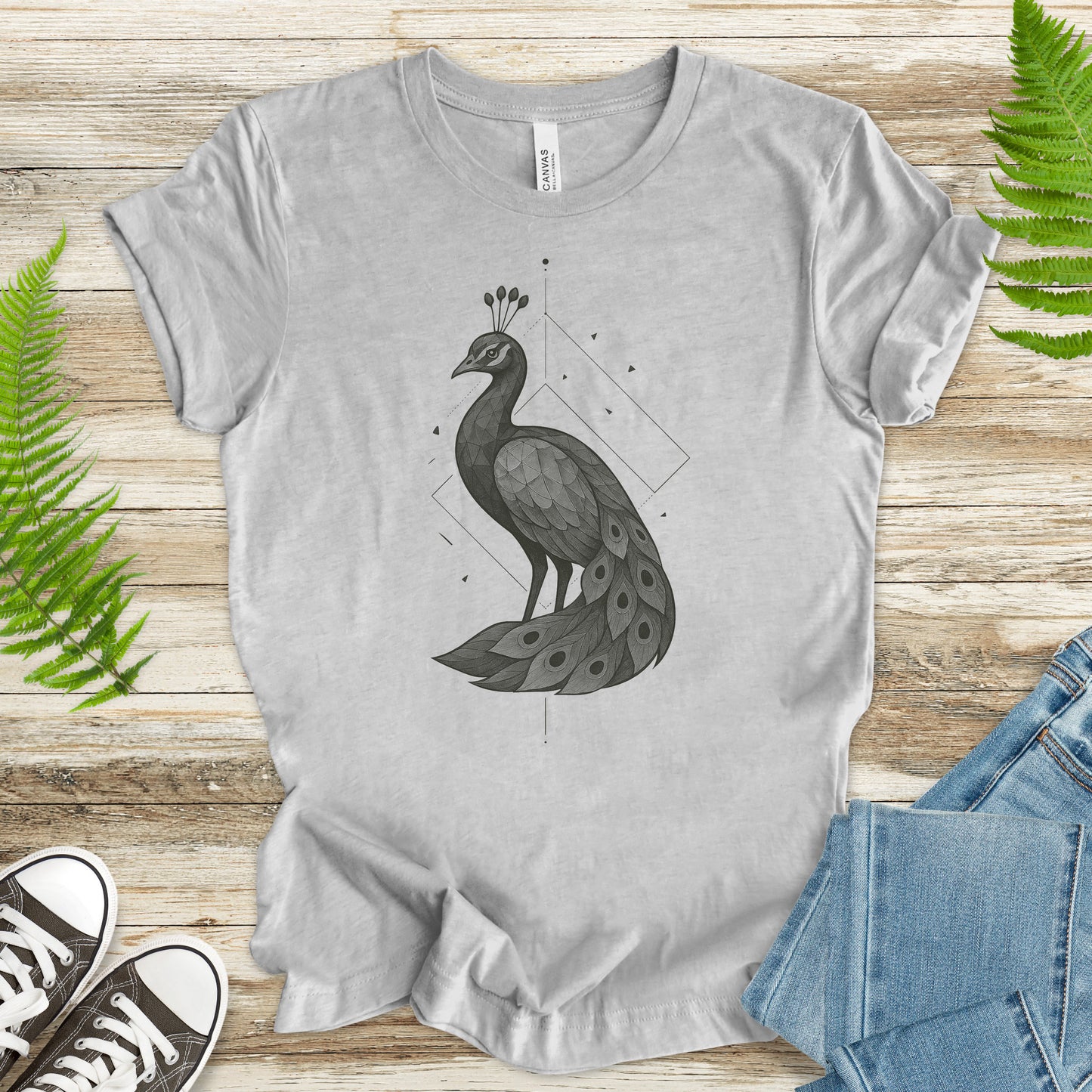 Geometric Peacock T-Shirt – Vintage Bird Art Spirit Animal Tee