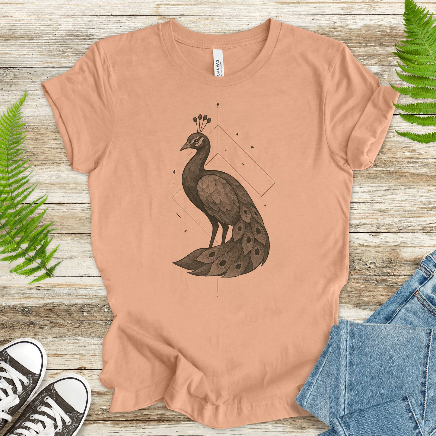 Geometric Peacock T-Shirt – Vintage Bird Art Spirit Animal Tee