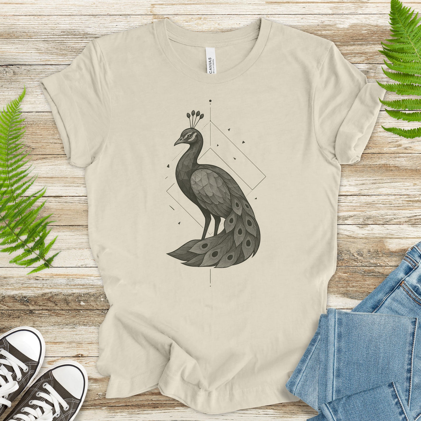 Geometric Peacock T-Shirt – Vintage Bird Art Spirit Animal Tee