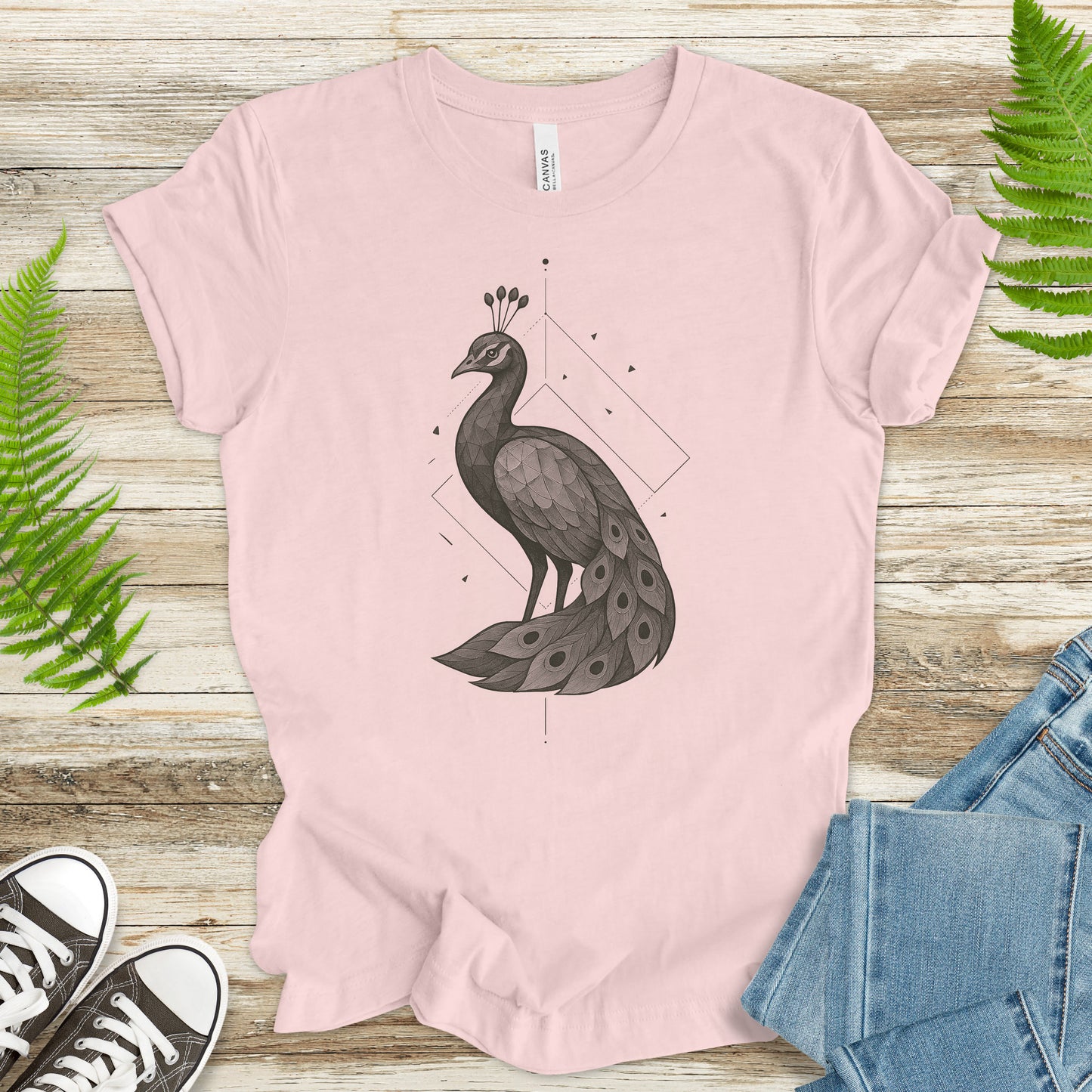 Geometric Peacock T-Shirt – Vintage Bird Art Spirit Animal Tee