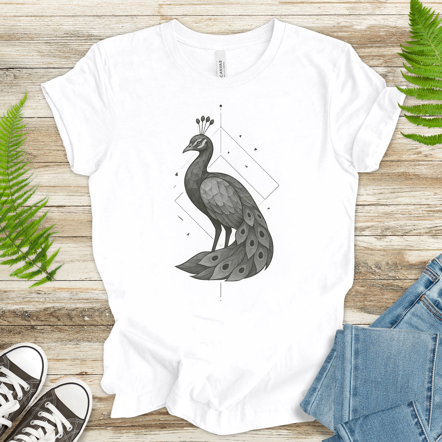 Geometric Peacock T-Shirt – Vintage Bird Art Spirit Animal Tee
