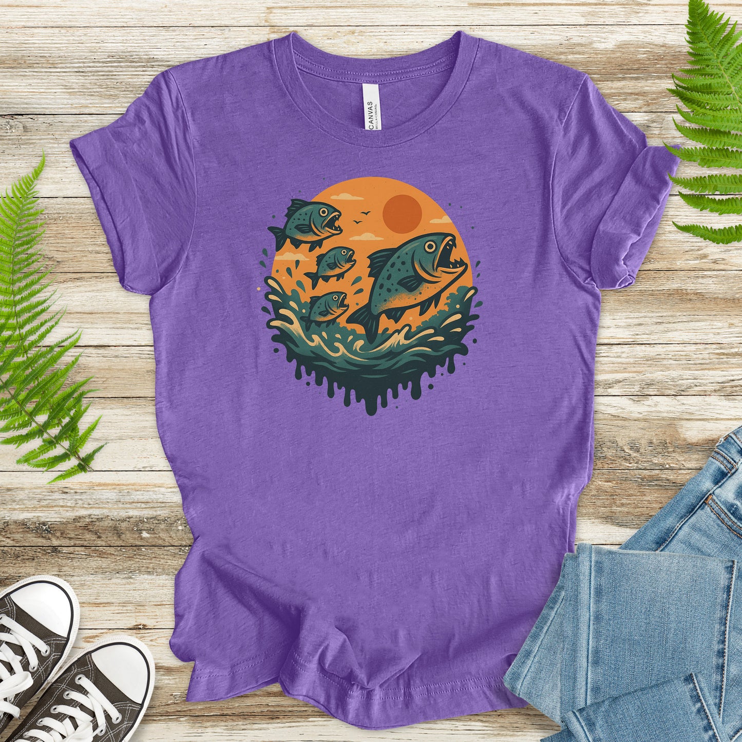 Piranha Fish Splash T-Shirt – Retro Jungle River Wildlife Tee