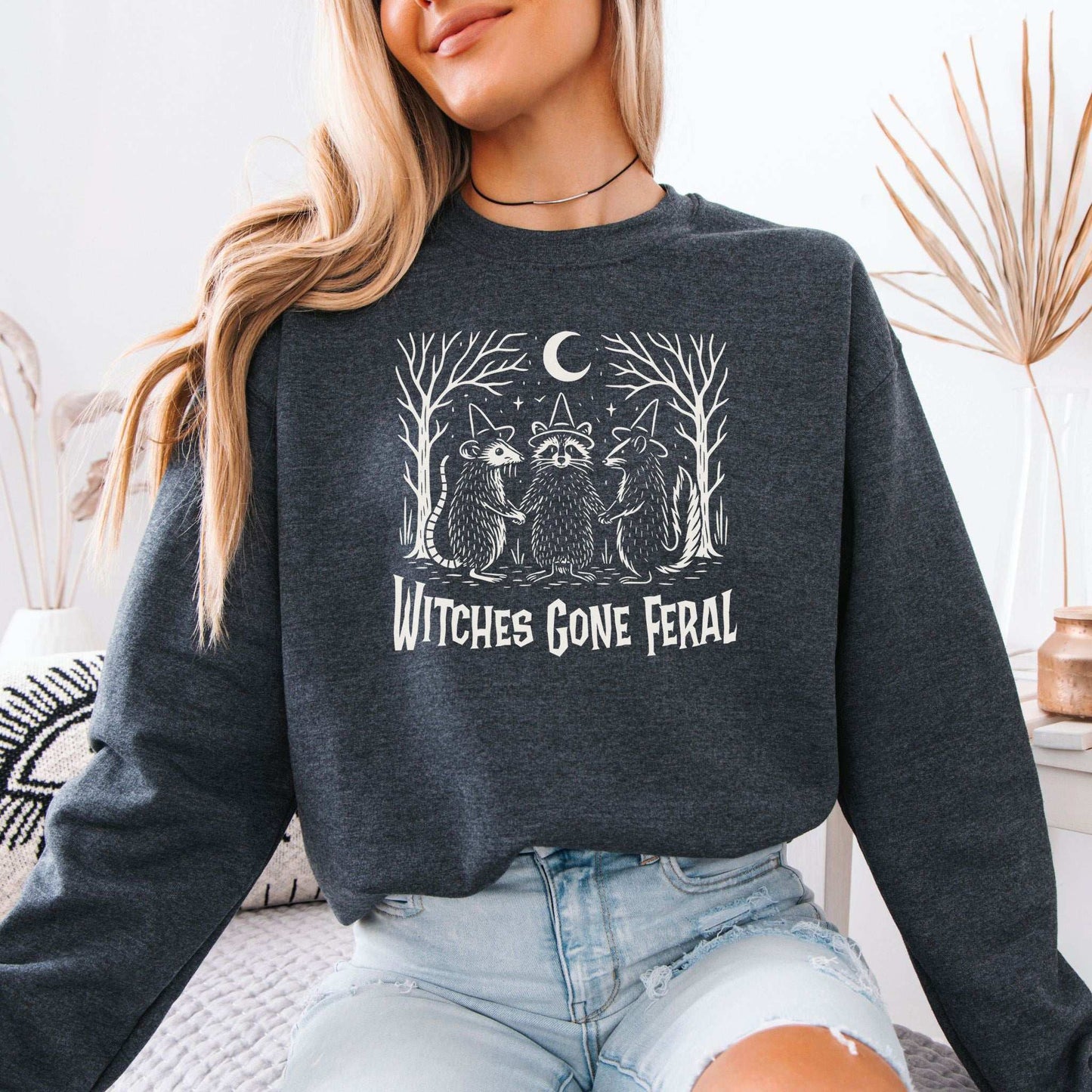 Witches Gone Feral Halloween Sweatshirt – Raccoon, Opossum & Skunk Coven Vibes
