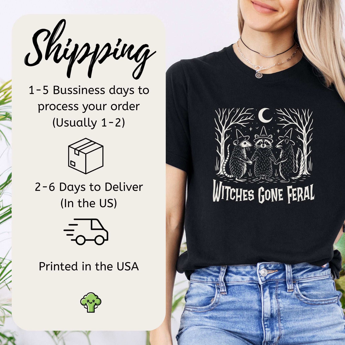 Witches Gone Feral Halloween T-Shirt featuring raccoon, opossum, and skunk design, with shipping details displayed next to model.