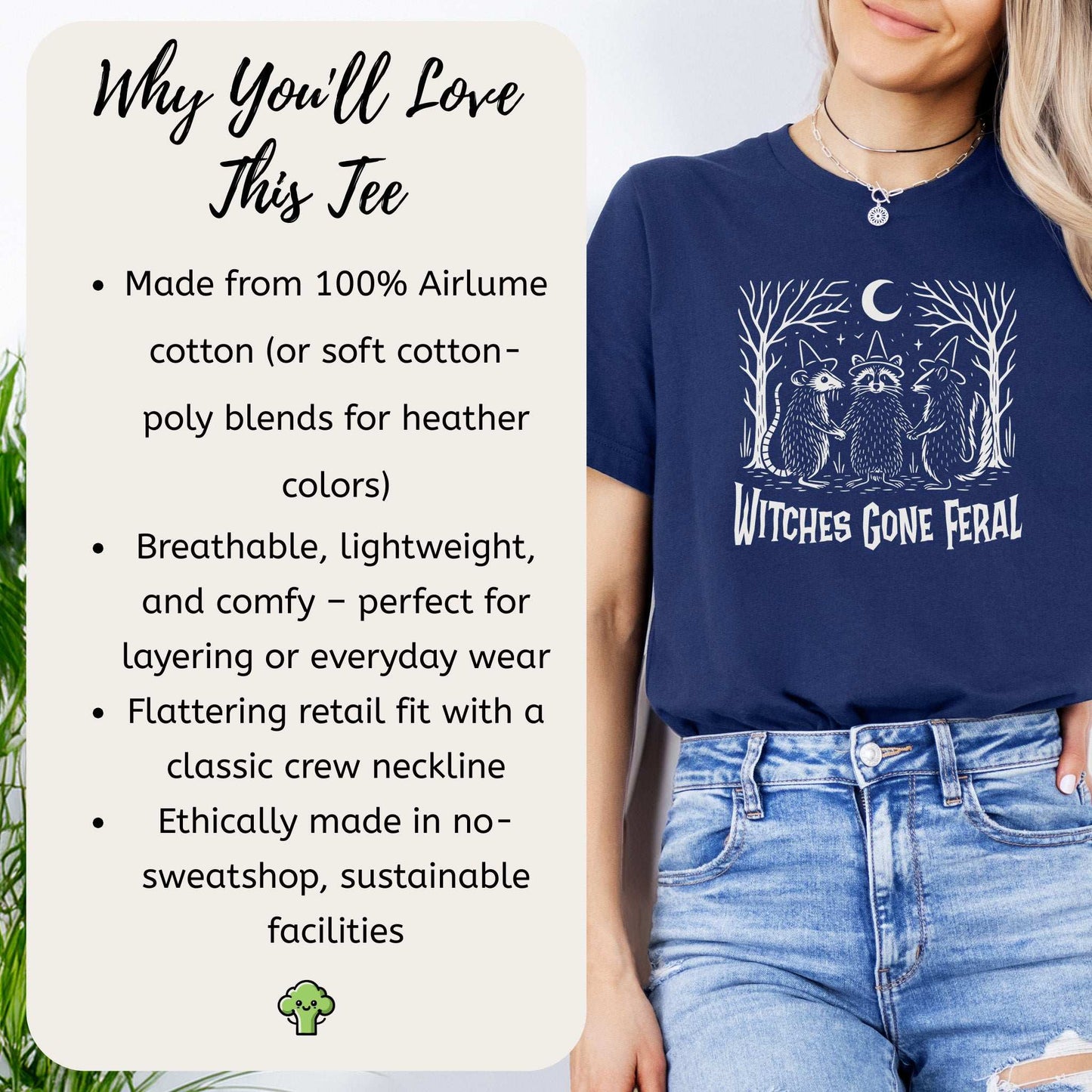 Witches Gone Feral T-shirt featuring raccoon, opossum, and skunk graphic, made from breathable cotton for everyday wear.