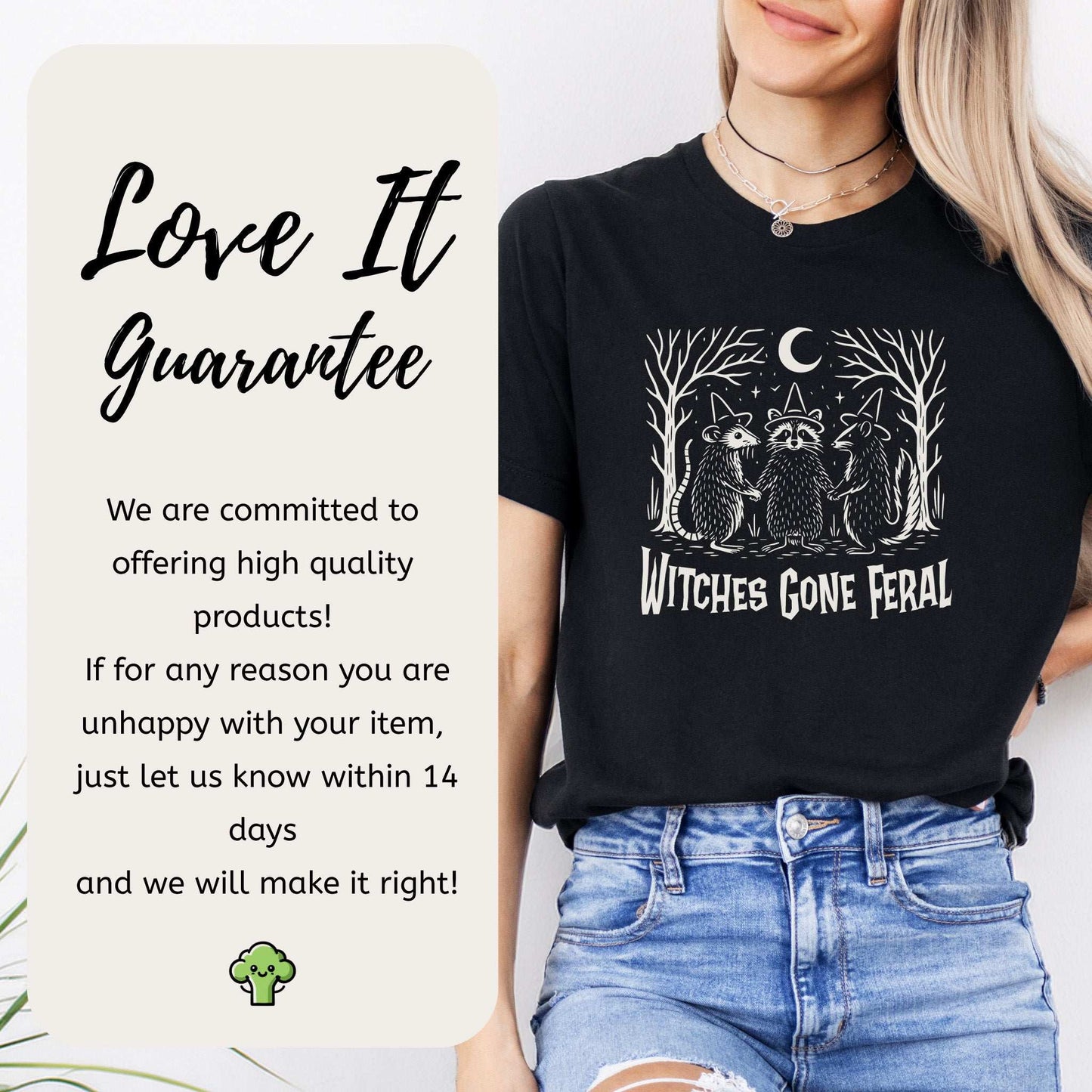 Witches Gone Feral Halloween T-shirt featuring a raccoon, opossum, and skunk under a crescent moon.