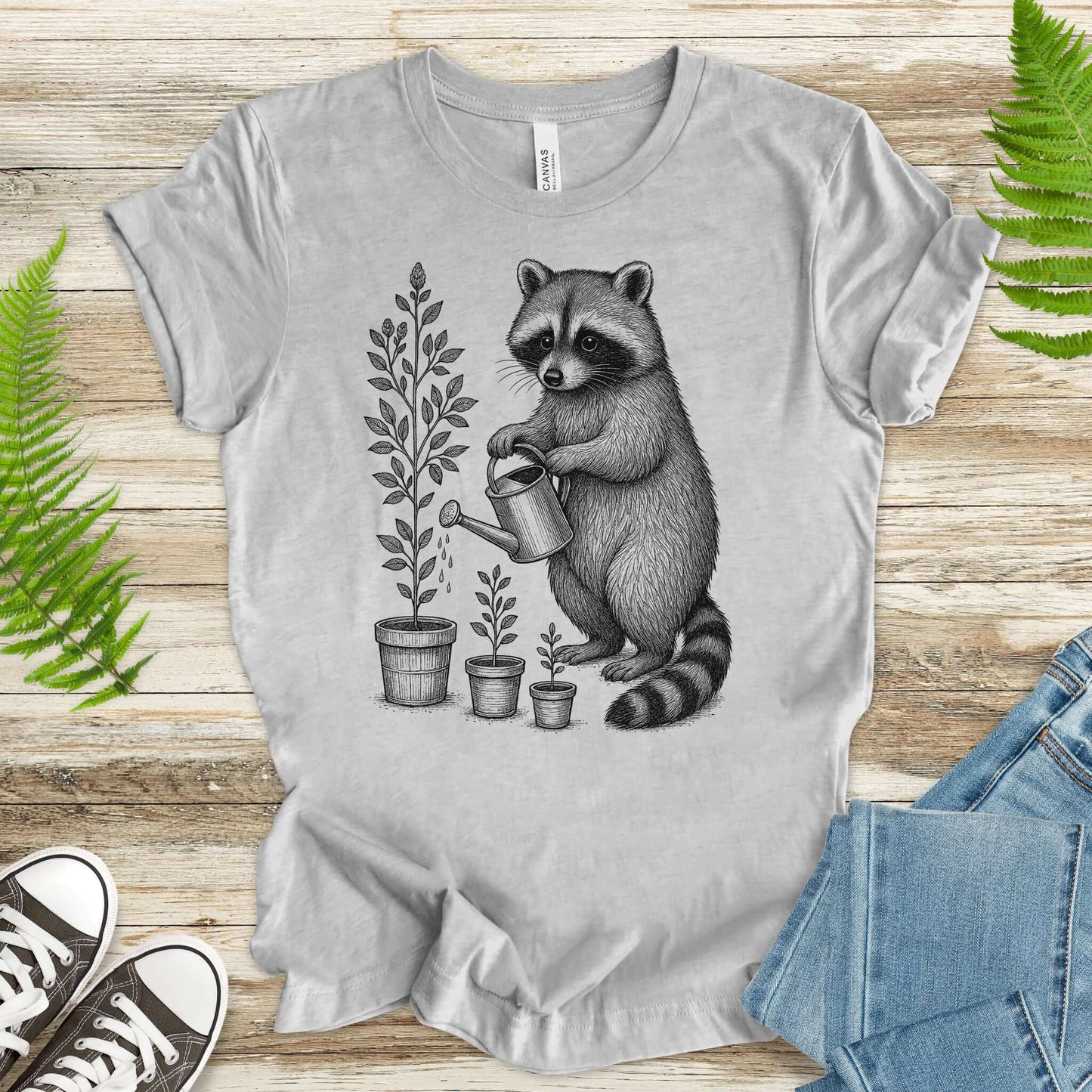 Raccoon Watering Plants Garden T-Shirt