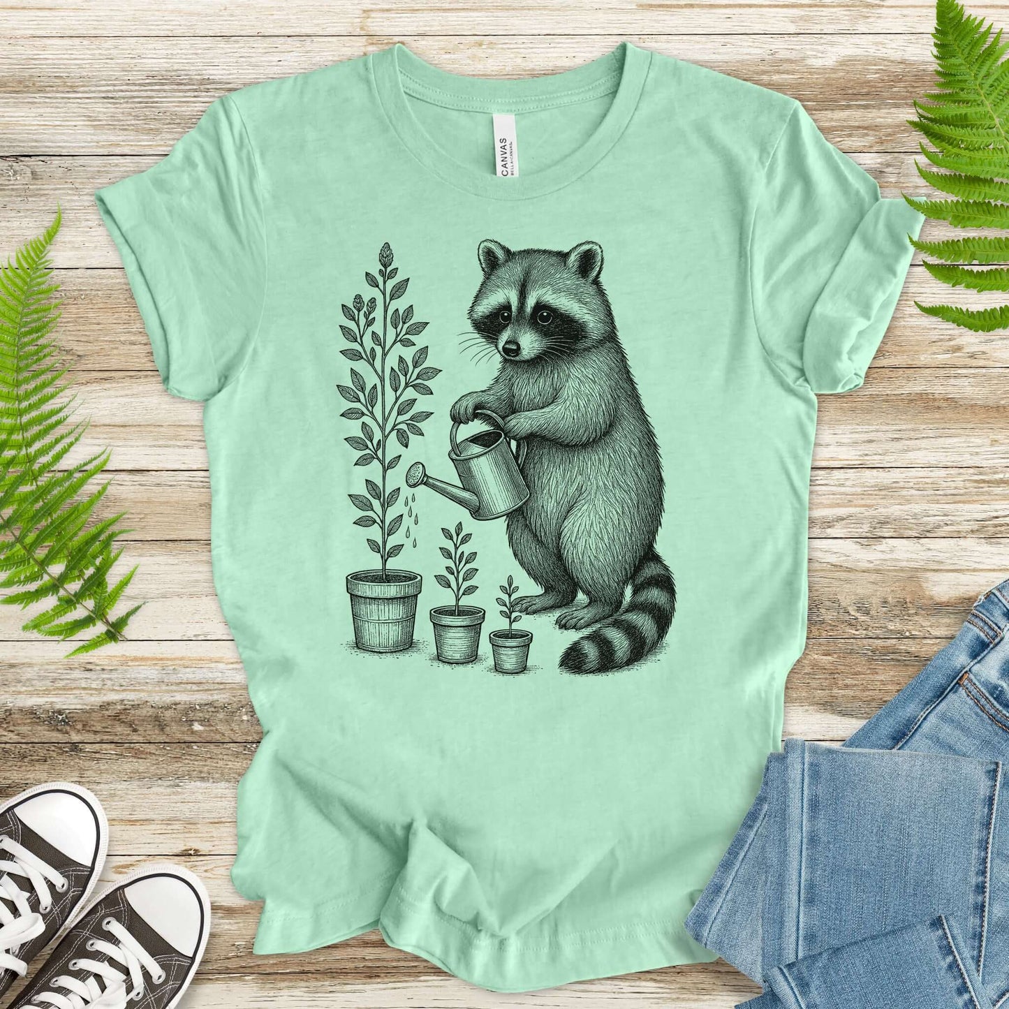 Raccoon Watering Plants Garden T-Shirt