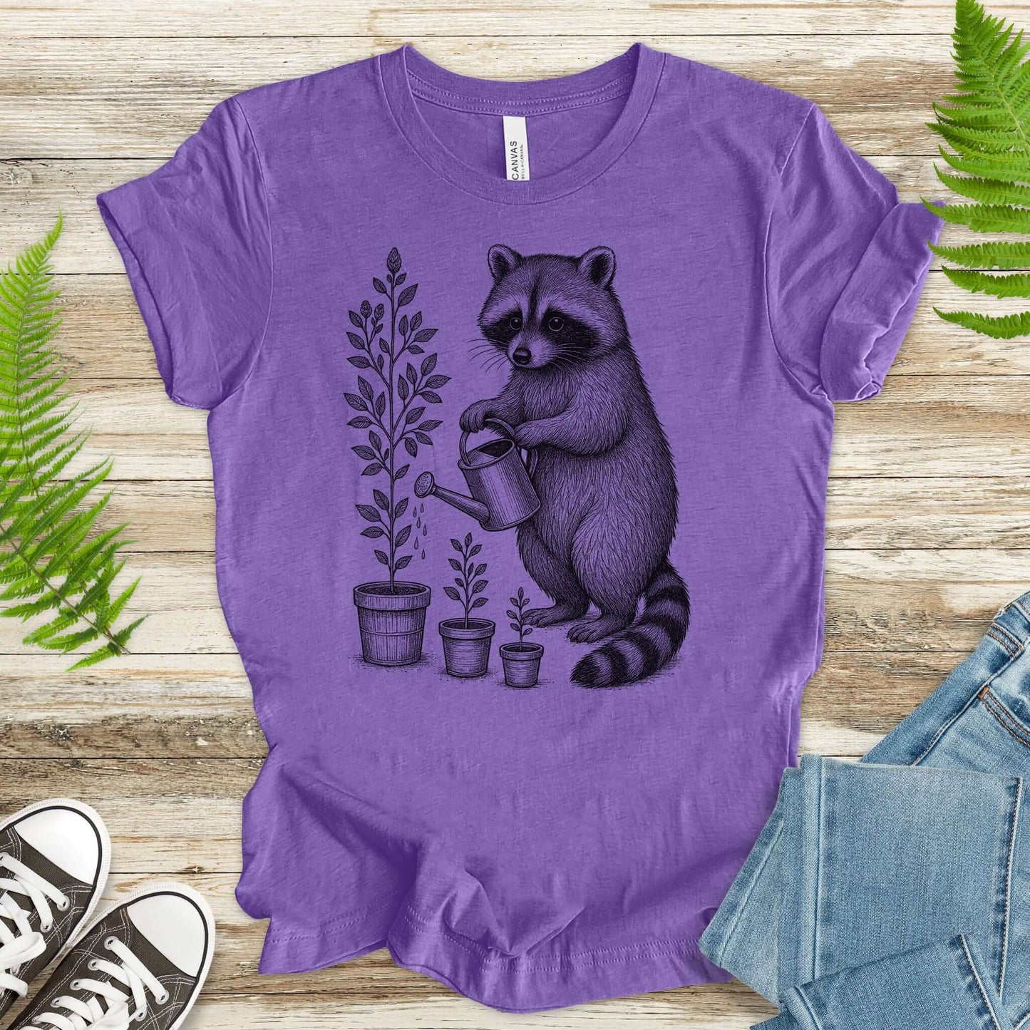 Raccoon Watering Plants Garden T-Shirt