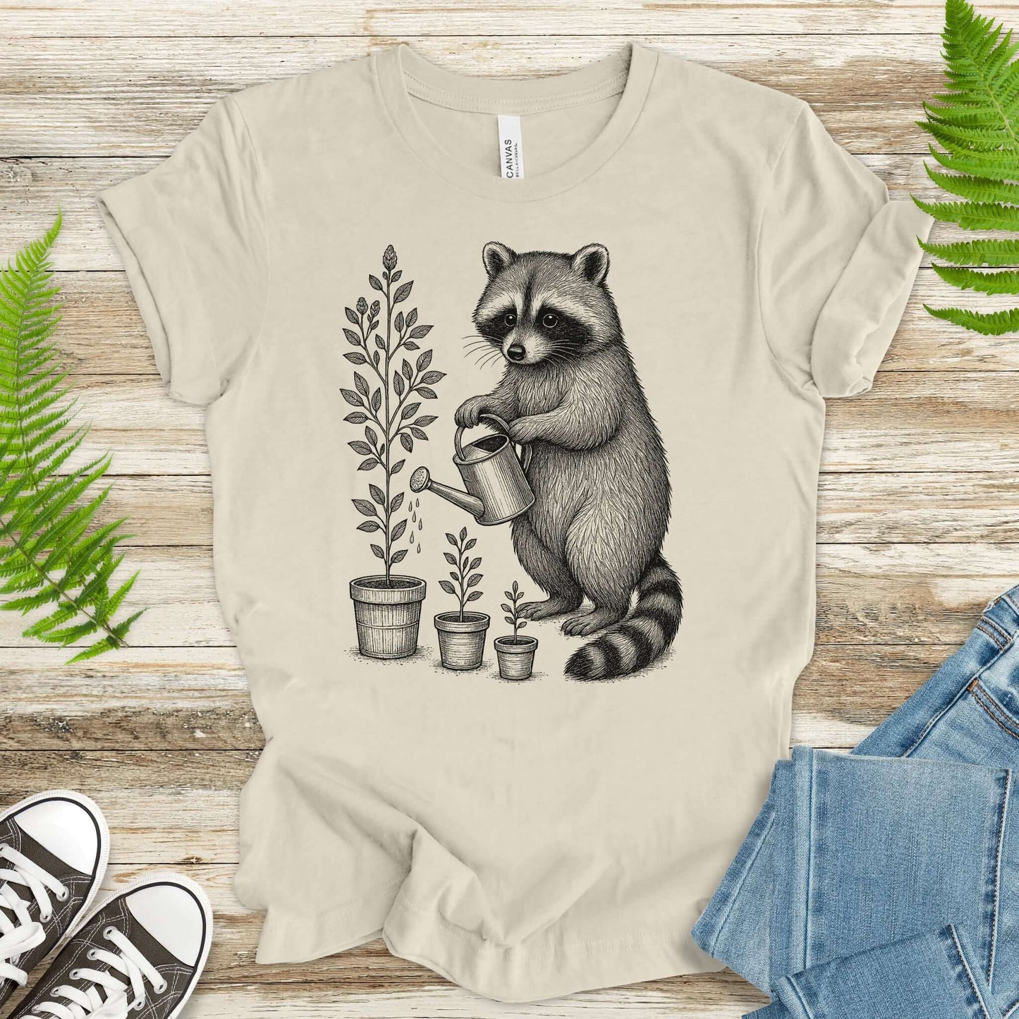 Raccoon Watering Plants Garden T-Shirt