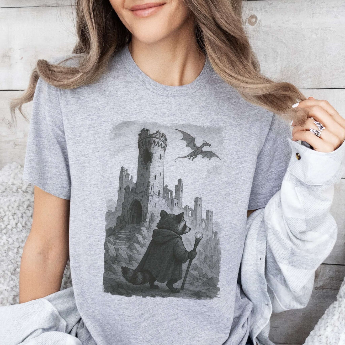 Raccoon Wizard and Dragon Castle T-Shirt – Fantasy Animal Adventure Tee