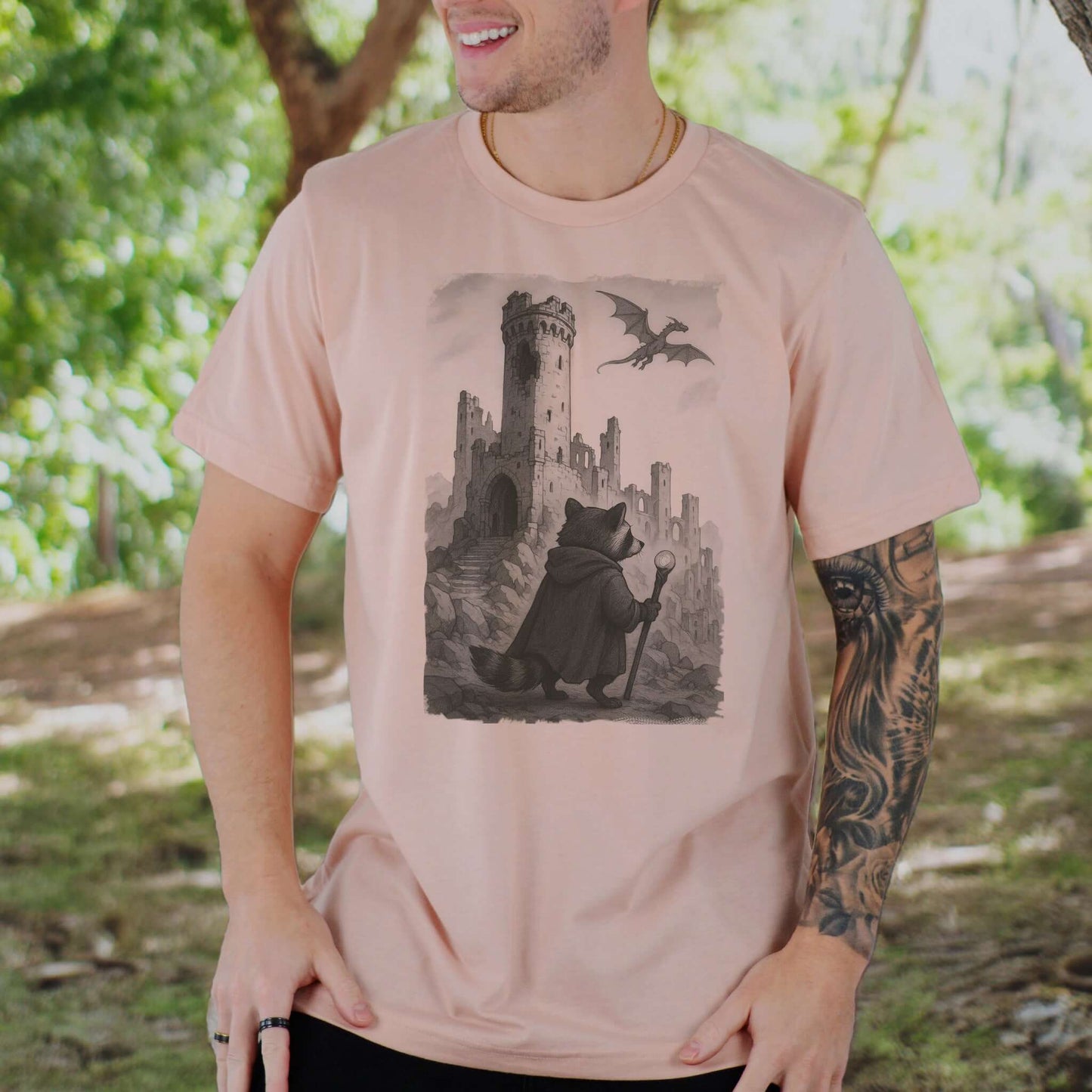 Raccoon Wizard and Dragon Castle T-Shirt – Fantasy Animal Adventure Tee
