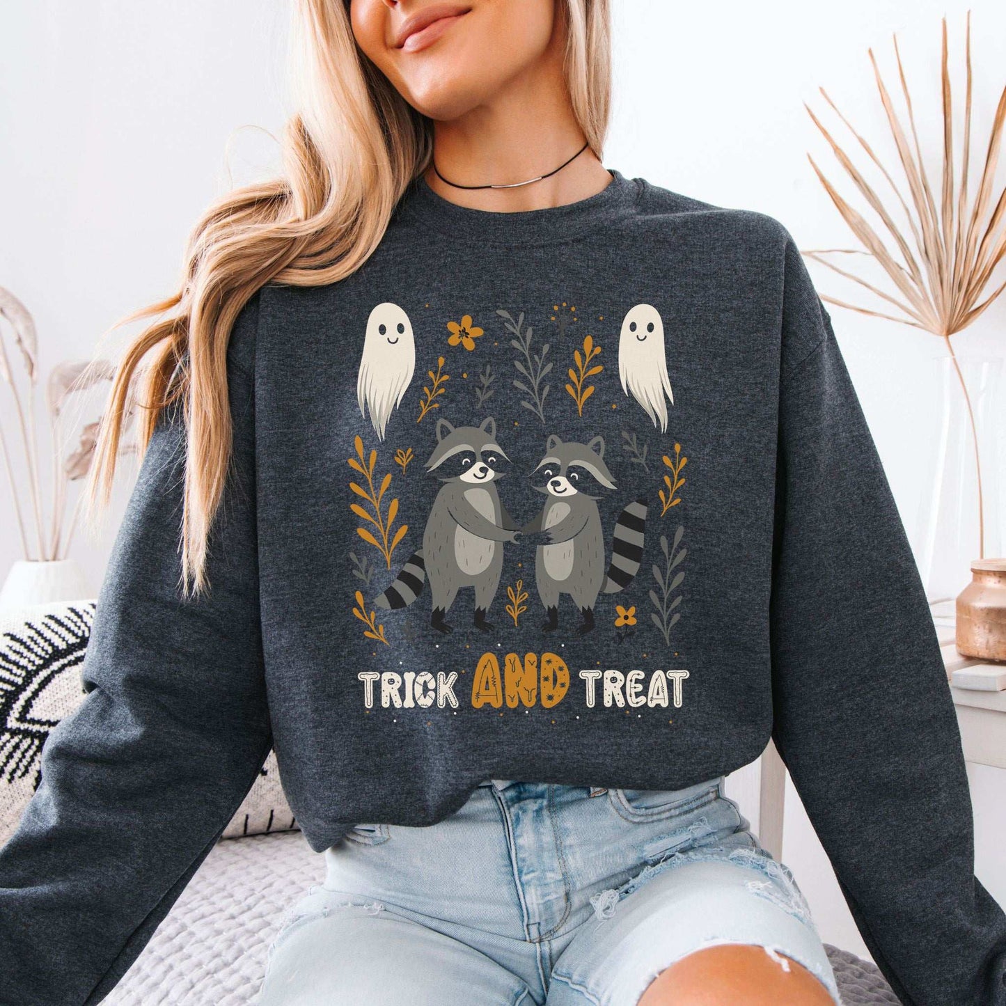 Trick AND Treat Raccoon Halloween Sweatshirt – Cute Ghostly Forest Vibes