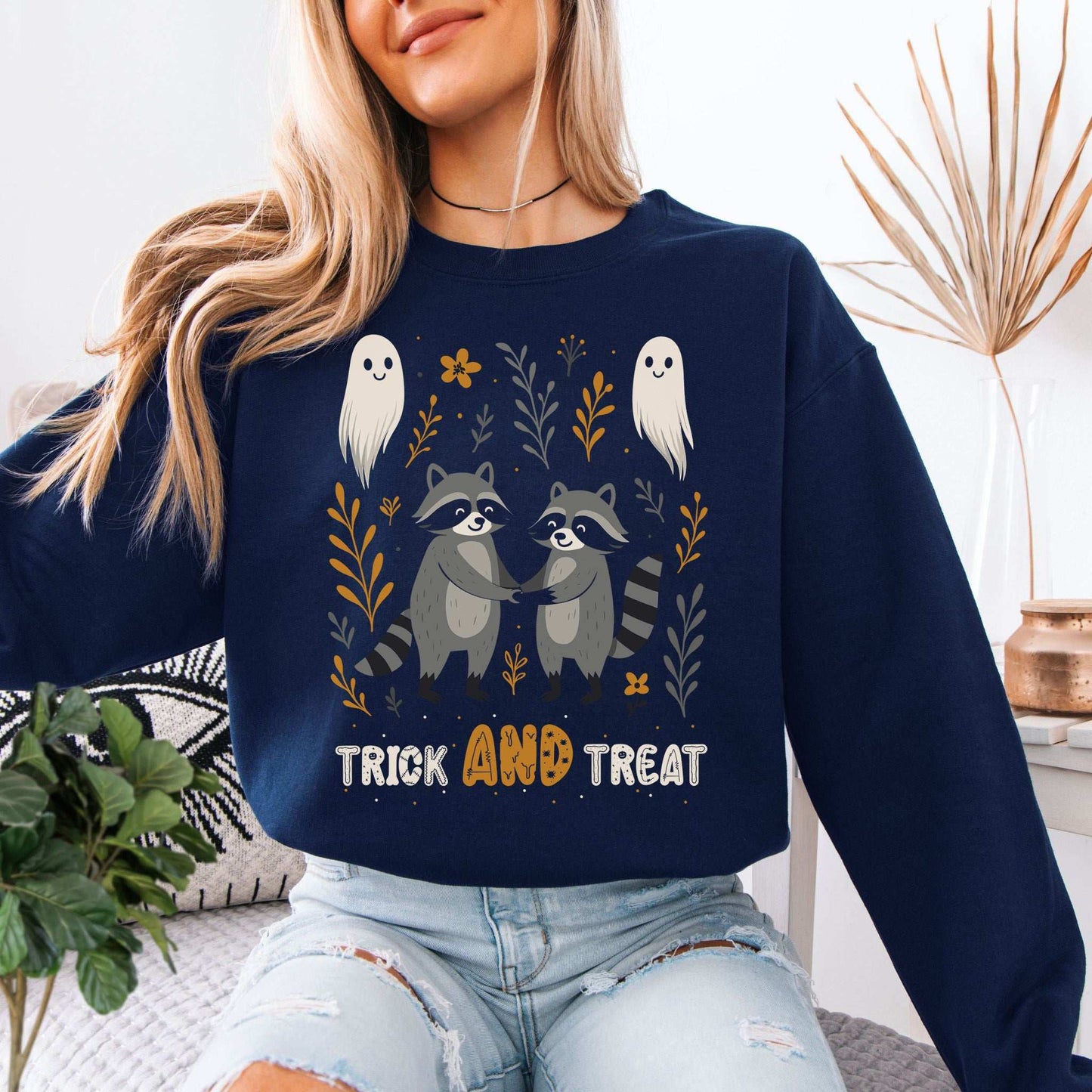 Trick AND Treat Raccoon Halloween Sweatshirt – Cute Ghostly Forest Vibes