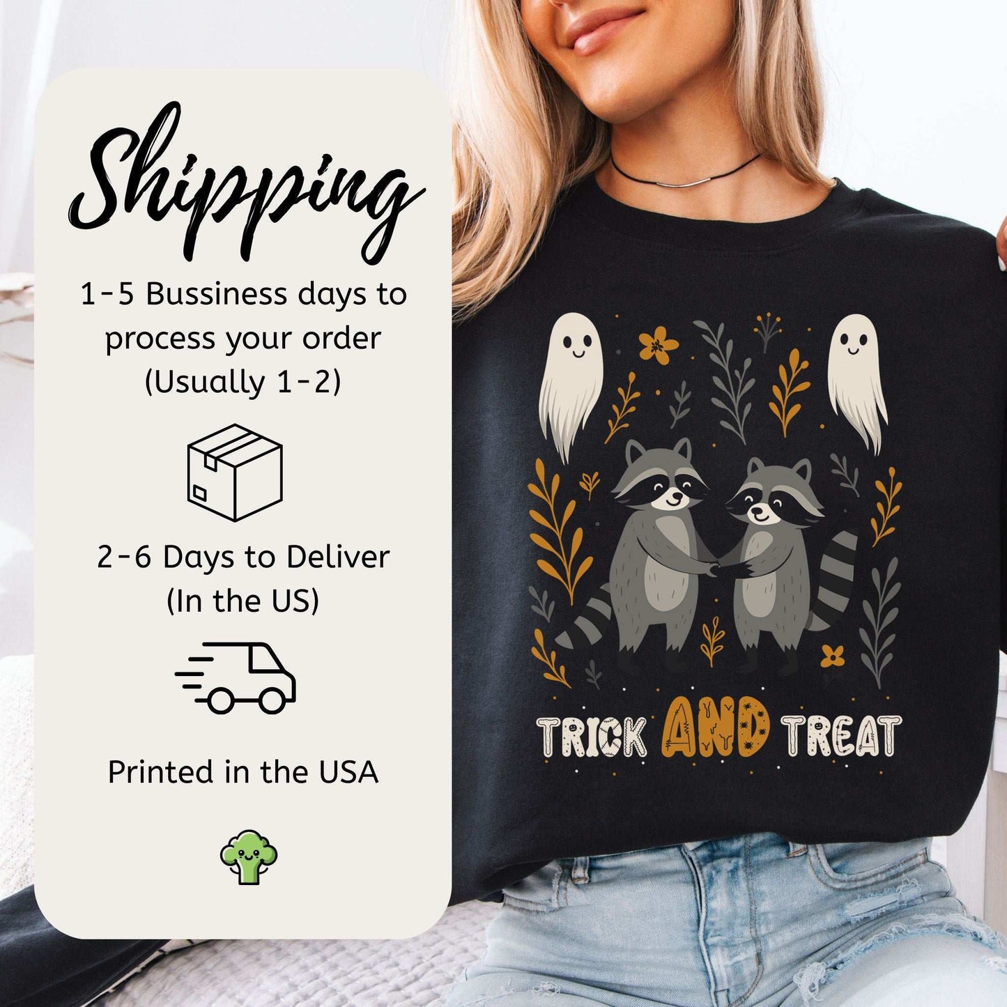 Trick AND Treat Raccoon Halloween Sweatshirt – Cute Ghostly Forest Vibes