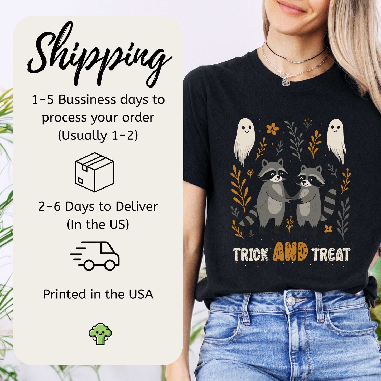 Trick AND Treat Raccoon Halloween T-shirt featuring raccoons and ghosts, perfect for Halloween fun.
